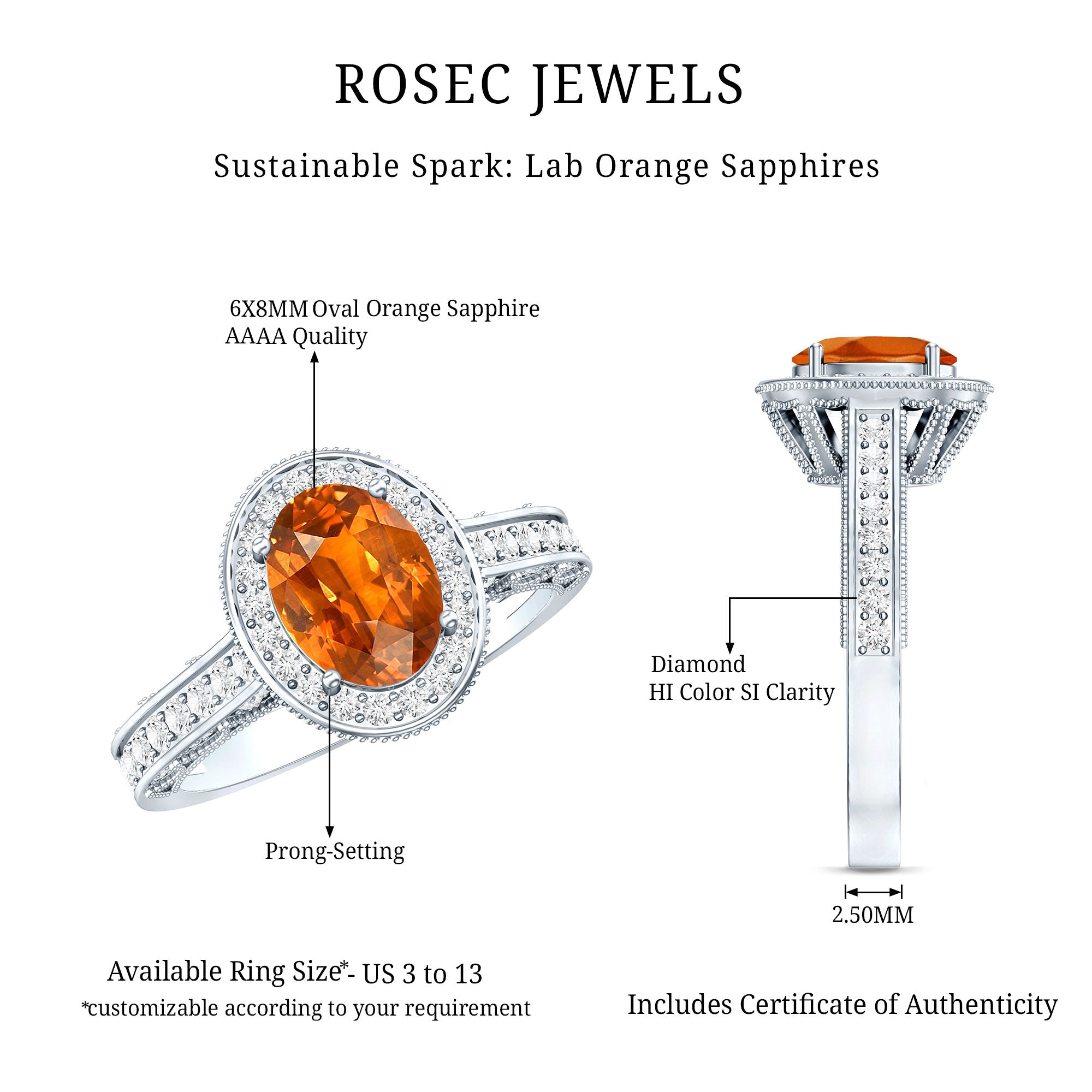1.5 Carat Lab Grown Orange Sapphire Engagement Ring with Diamond
