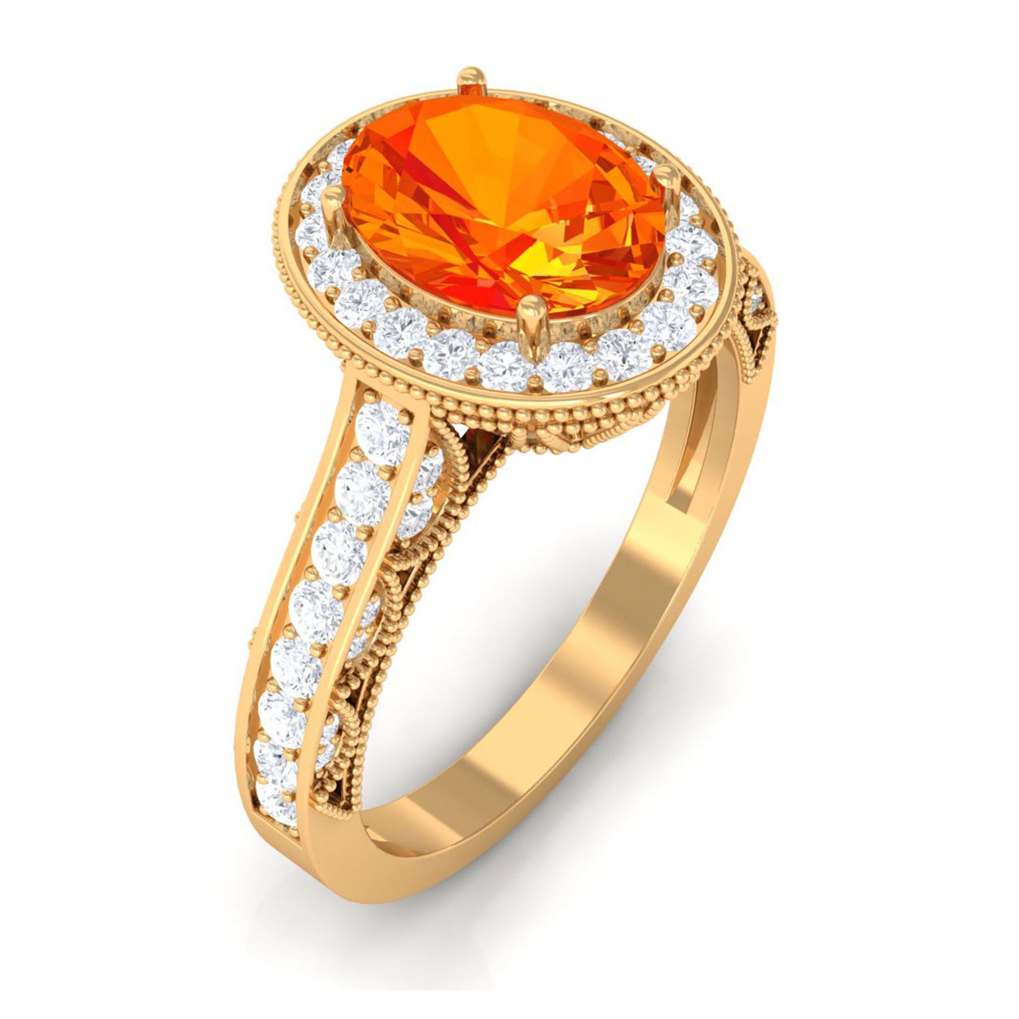 2.50 CT Created Orange Sapphire Solitaire Engagement Ring with Halo Diamond Lab Created Orange Sapphire - ( AAAA ) - Quality - Rosec Jewels