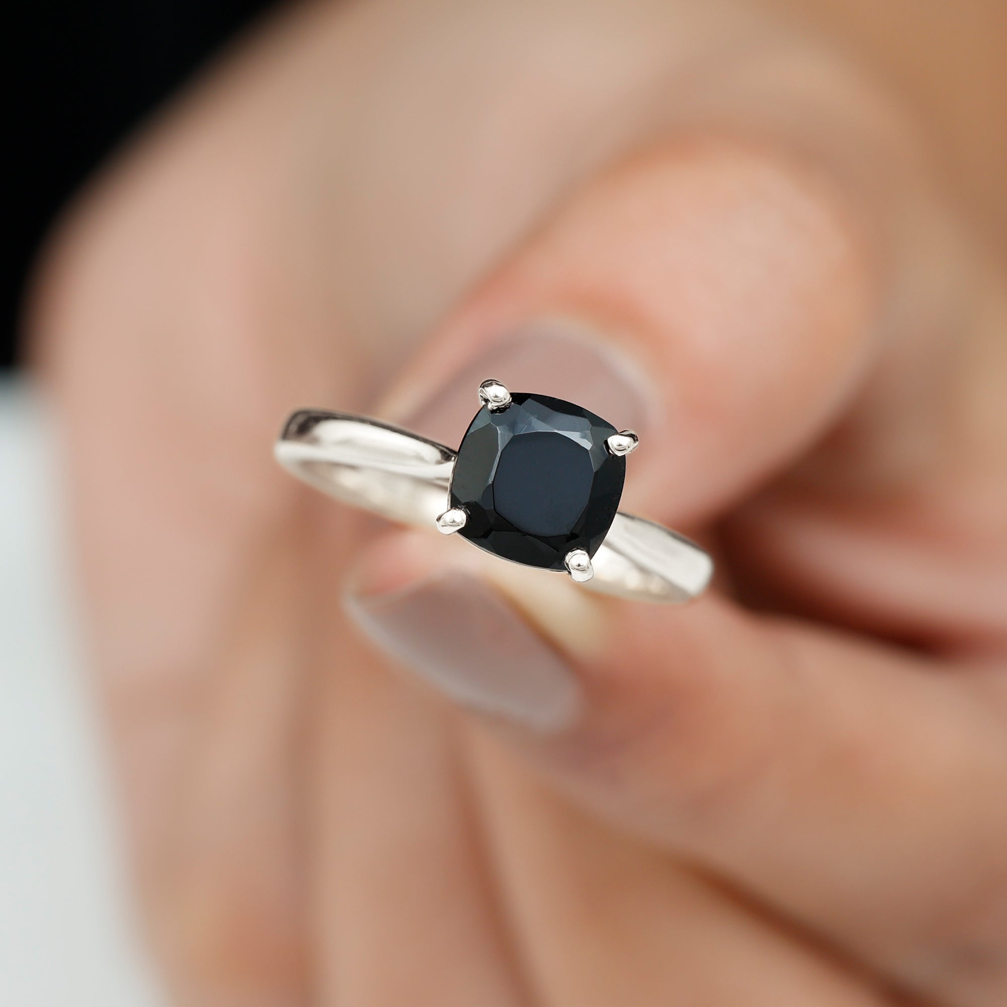 Cushion Cut Black Onyx Solitaire Ring with Surprise Diamond Black Onyx - ( AAA ) - Quality - Rosec Jewels