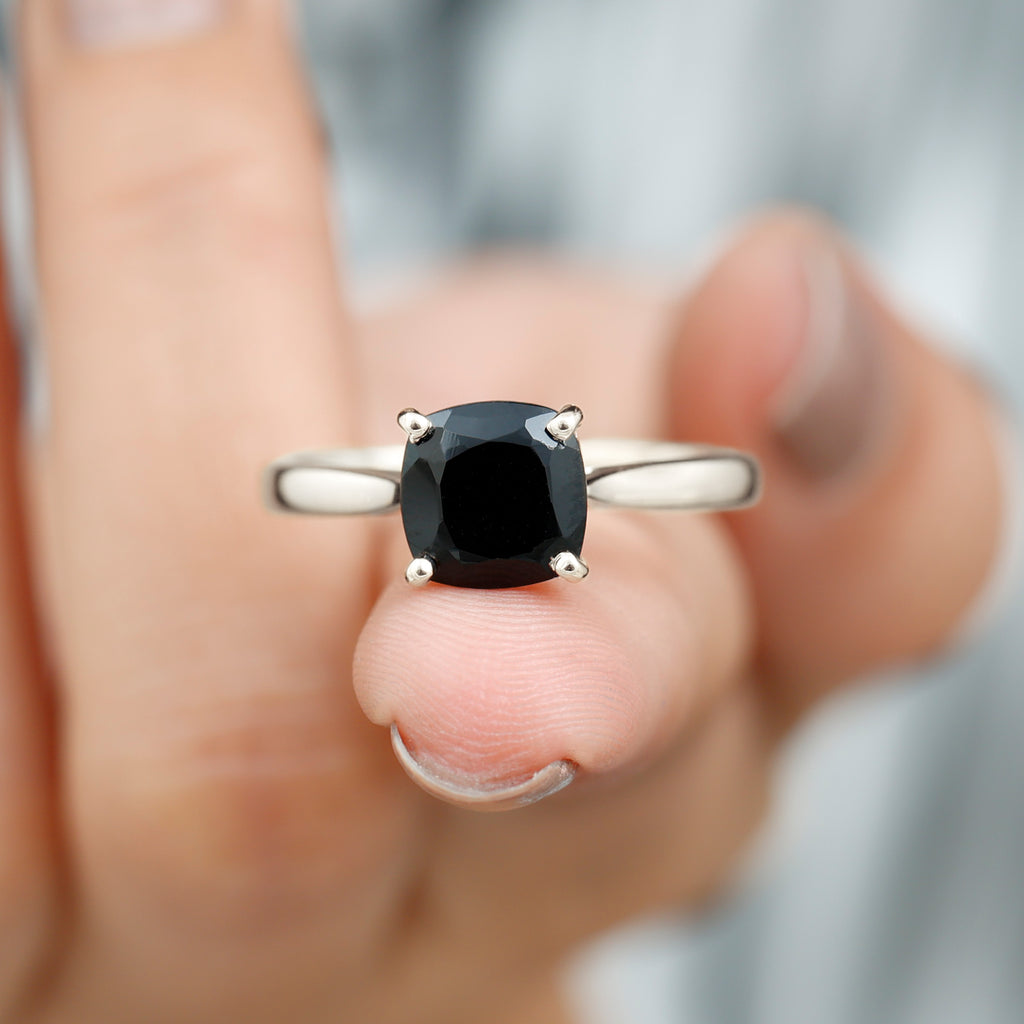 Rosec Jewels - Cushion Cut Black Onyx Solitaire Ring with Surprise Diamond