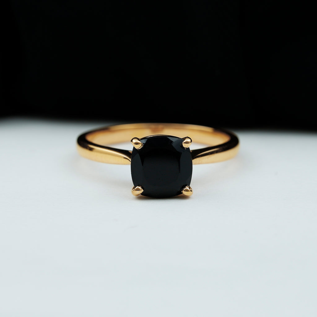 Rosec Jewels - Cushion Cut Black Onyx Solitaire Ring with Surprise Diamond