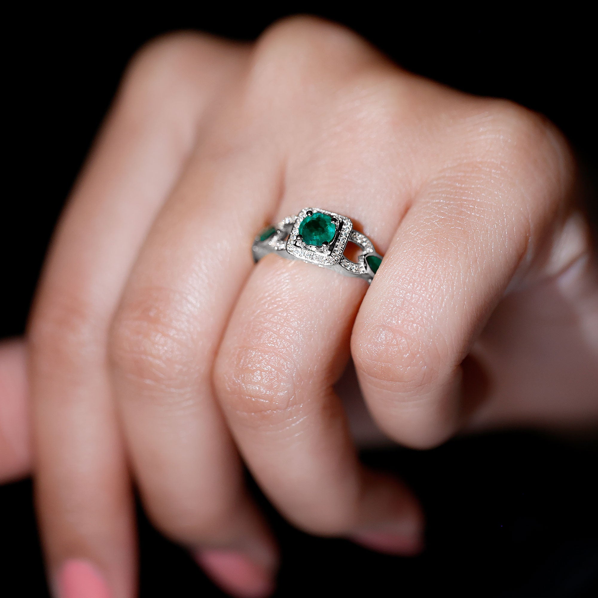 Rosec Jewels-Vintage Style Emerald and Diamond Engagement Ring for Women