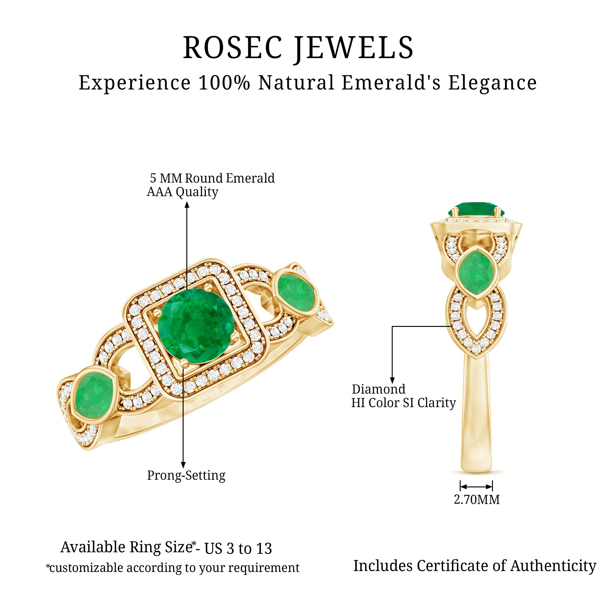 Rosec Jewels-Vintage Style Emerald and Diamond Engagement Ring for Women