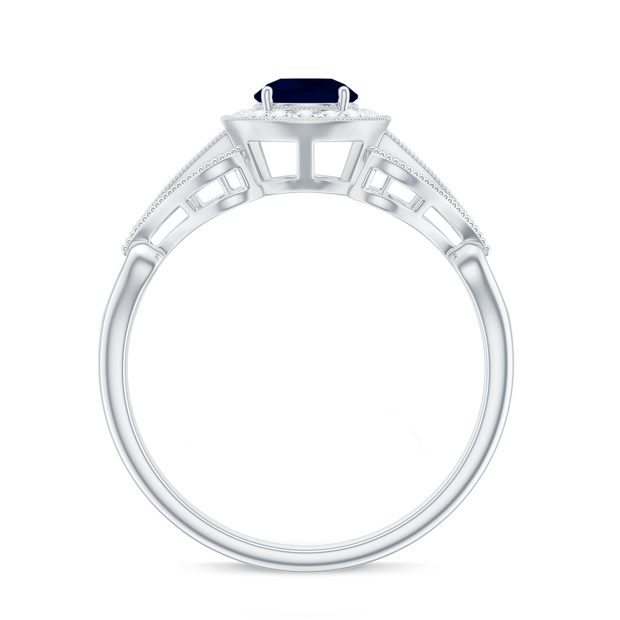 Rosec Jewels-Vintage Looking Blue Sapphire with Diamond Halo Engagement Ring