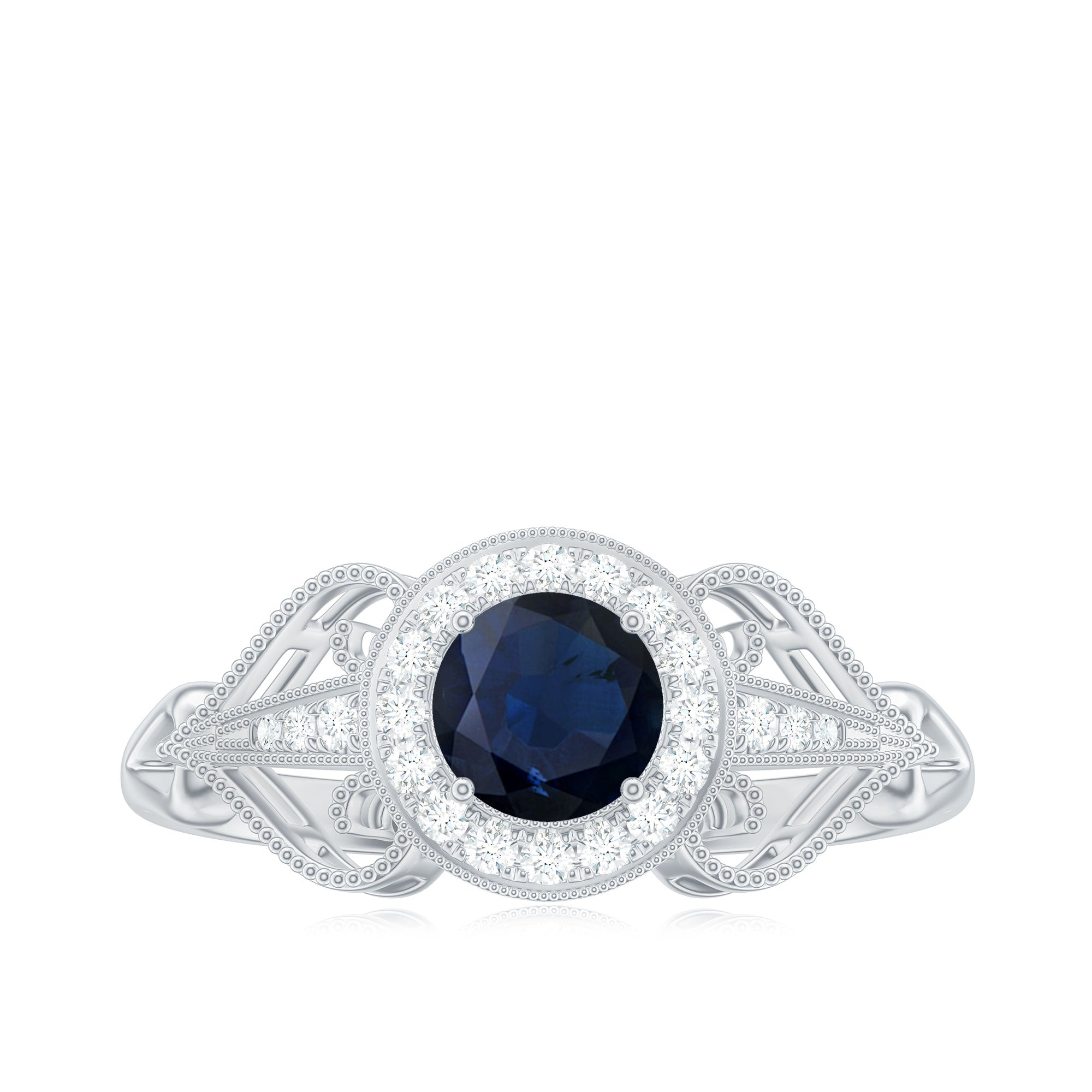 Rosec Jewels-Vintage Looking Blue Sapphire with Diamond Halo Engagement Ring