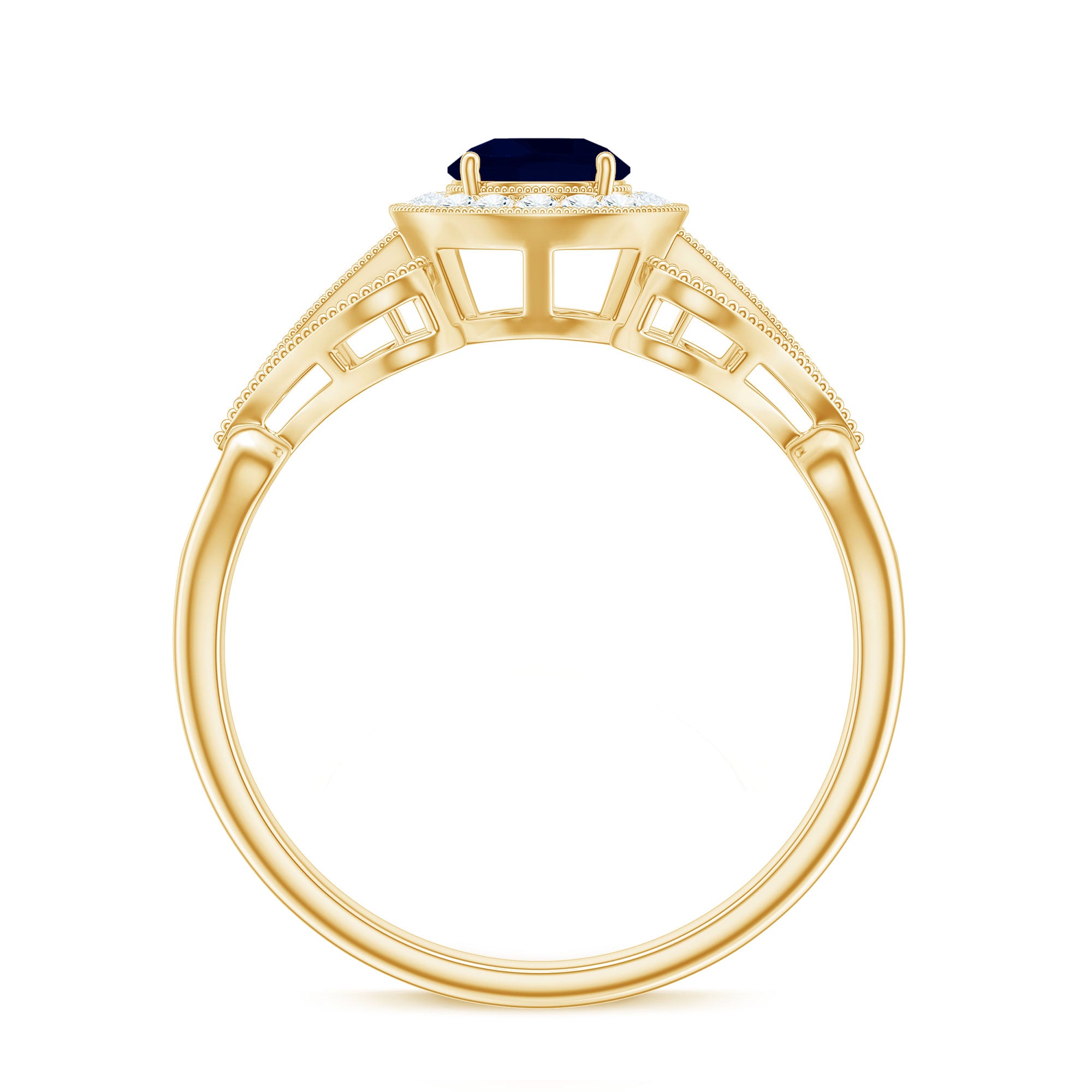 Rosec Jewels-Vintage Looking Blue Sapphire with Diamond Halo Engagement Ring