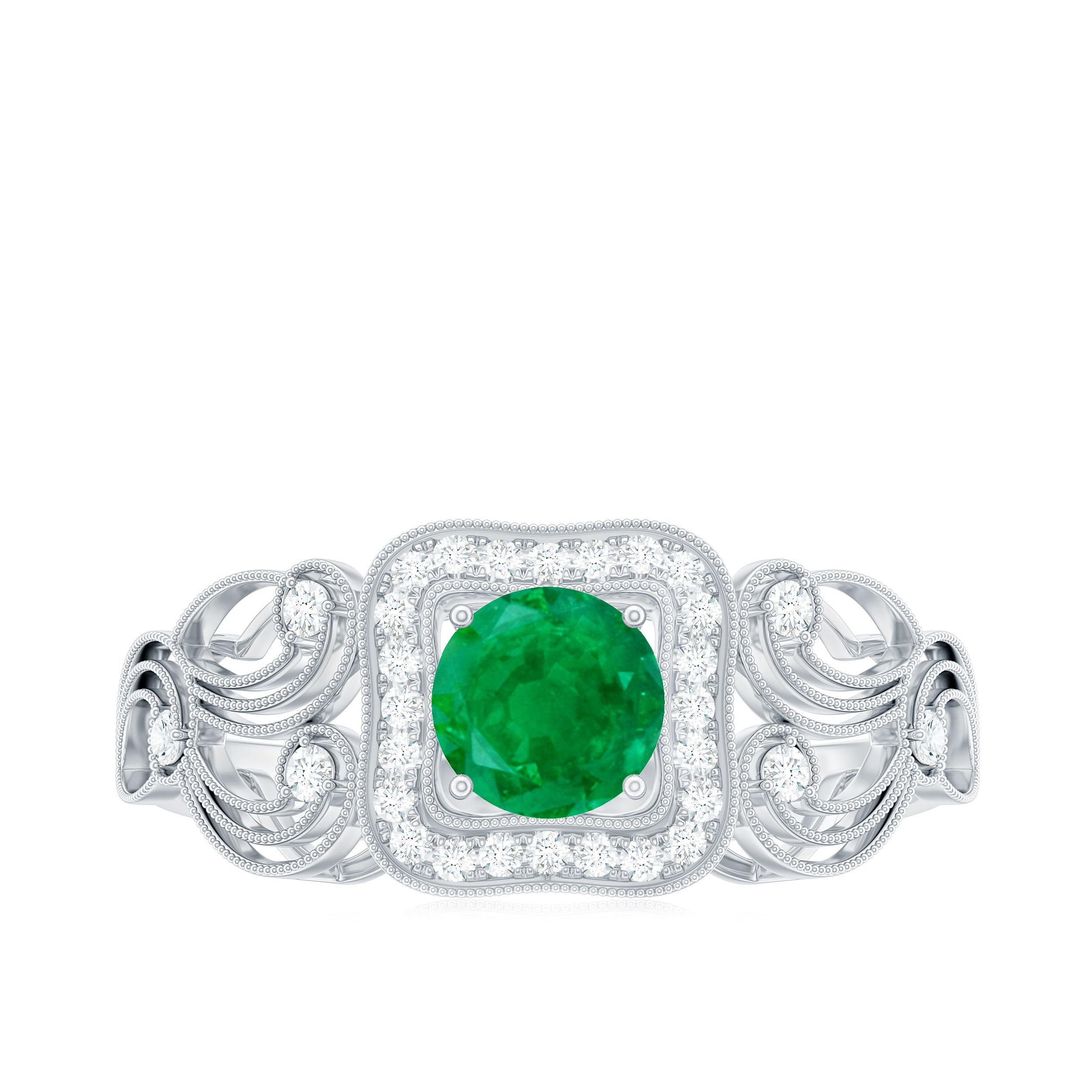 Vintage Looking Emerald Engagement Ring with Diamond Halo AAA - Rosec Jewels