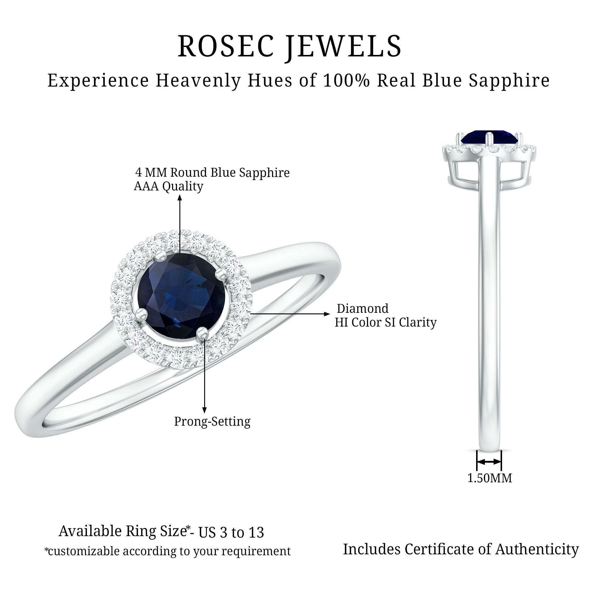 Rosec Jewels-Dainty Blue Sapphire and Diamond Floating Halo Ring