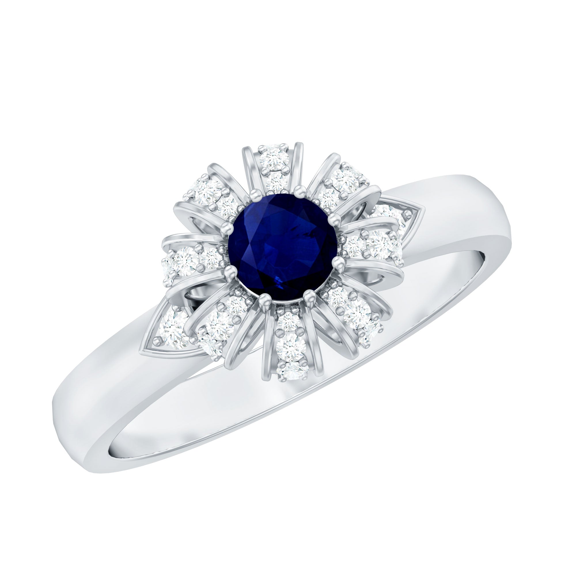Rosec Jewels-Real Blue Sapphire Flower Engagement Ring with Diamond