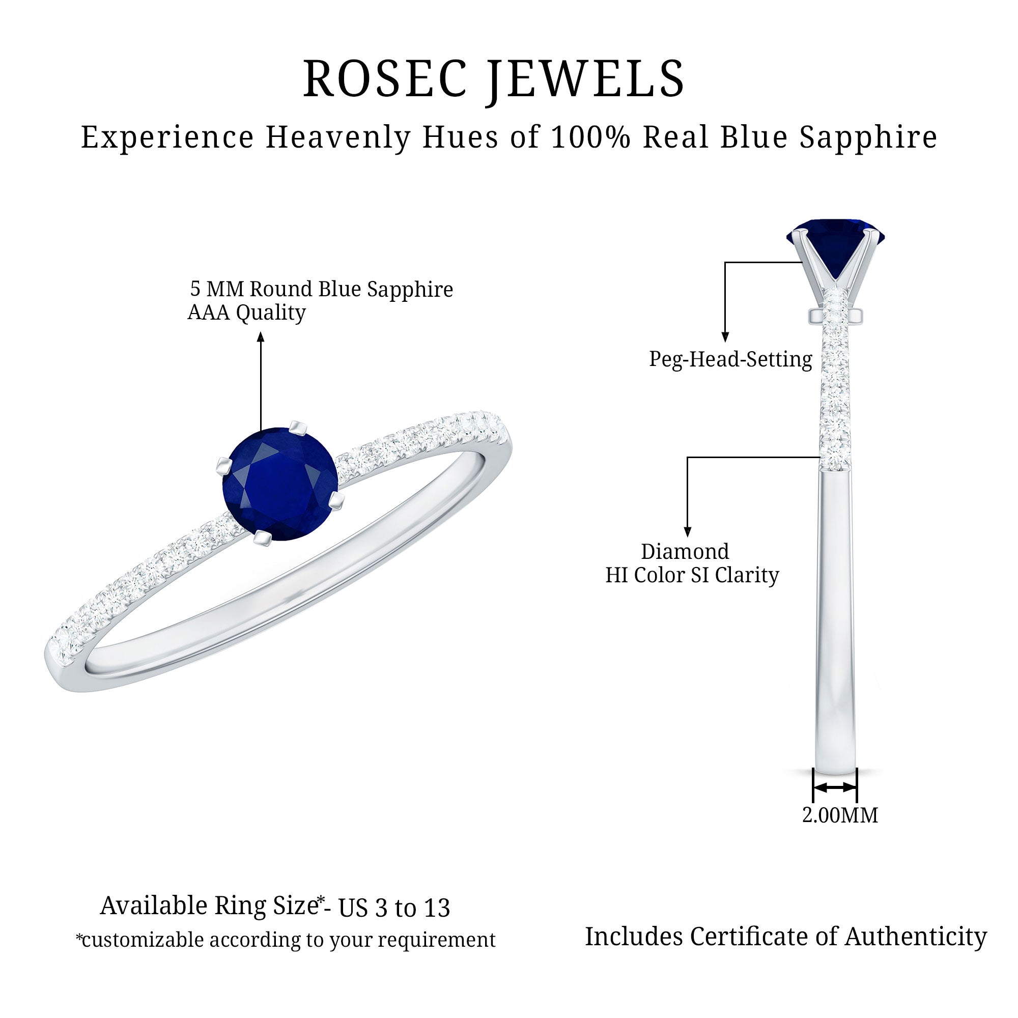 Rosec Jewels-Real 0.9 Carat Blue Sapphire Promise Ring with Diamonds