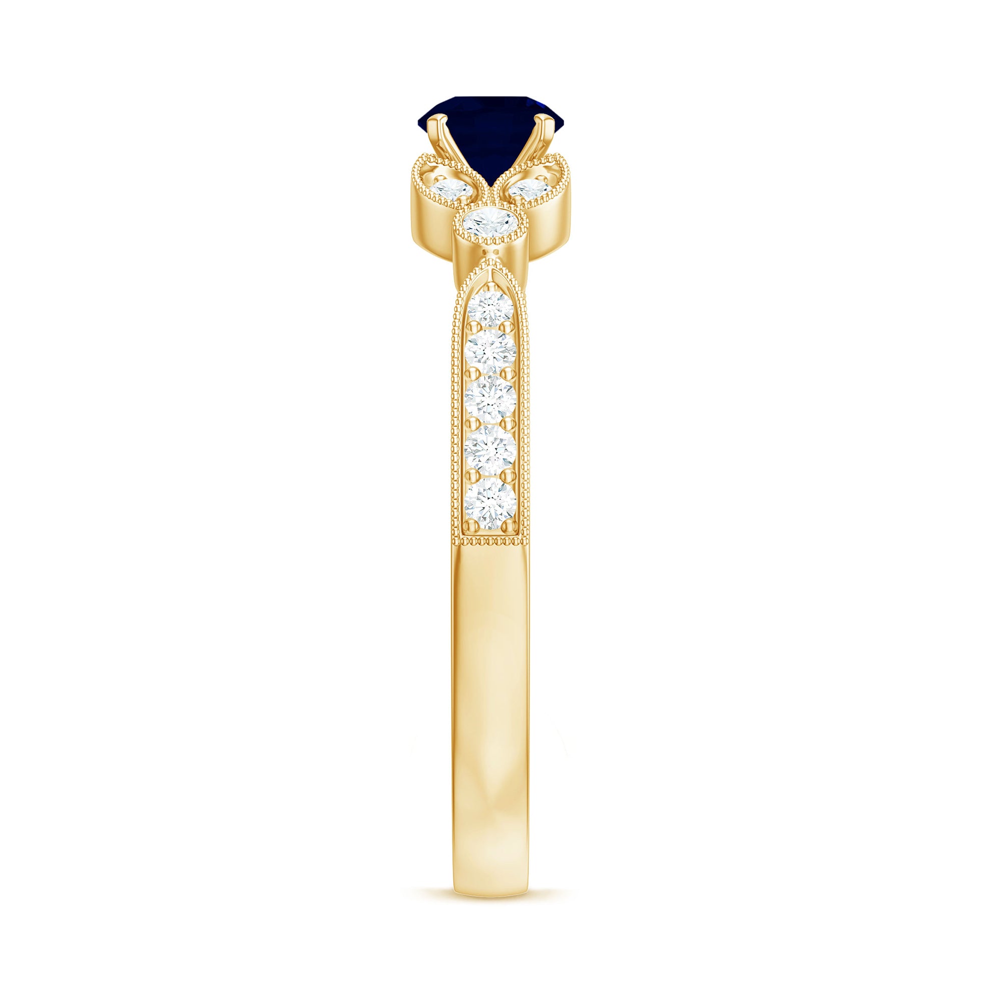 Rosec Jewels-Vintage Inspired Blue Sapphire and Diamond Engagement Ring with Milgrain Details