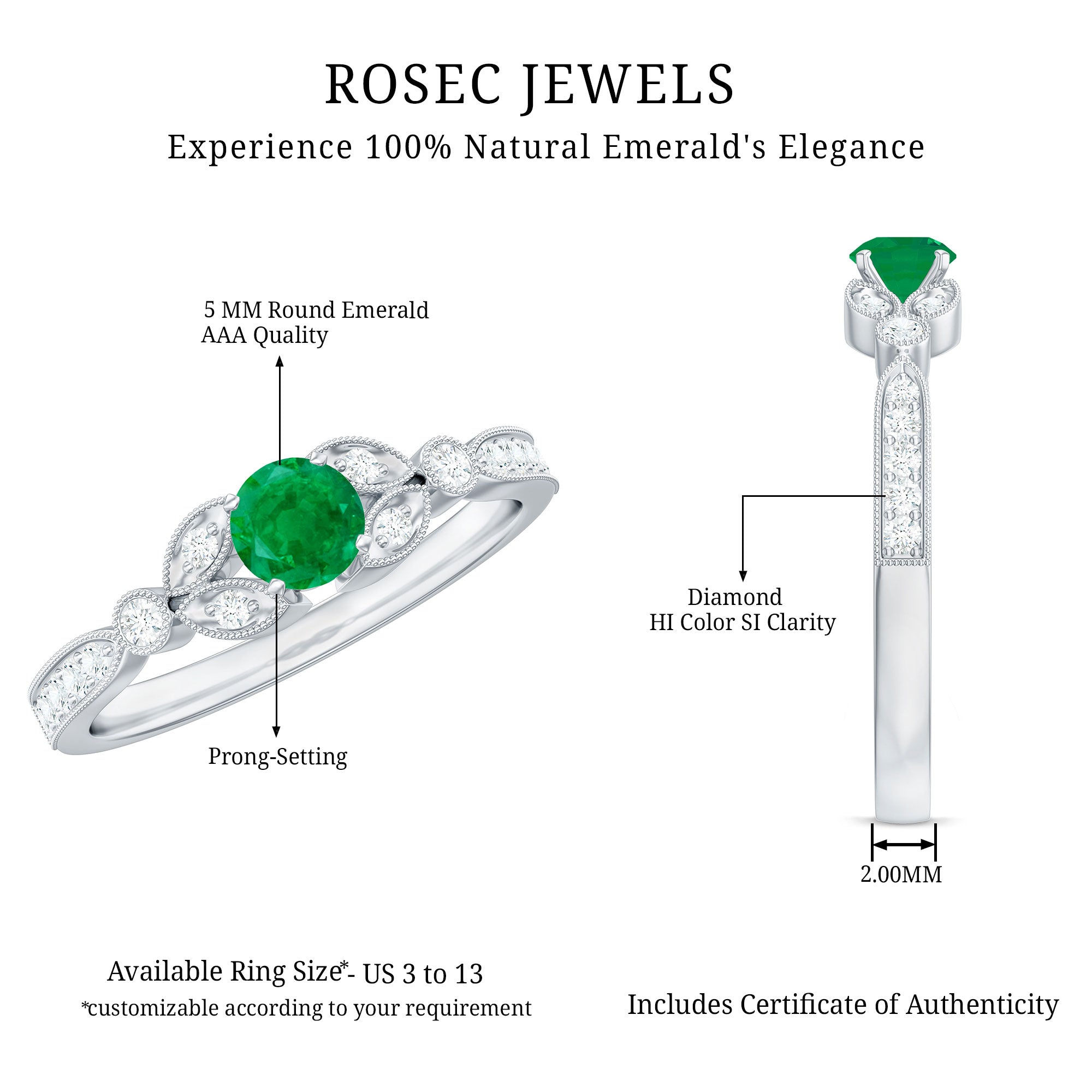 Rosec Jewels-Natural Emerald Vintage Inspired Engagement Ring with Diamond
