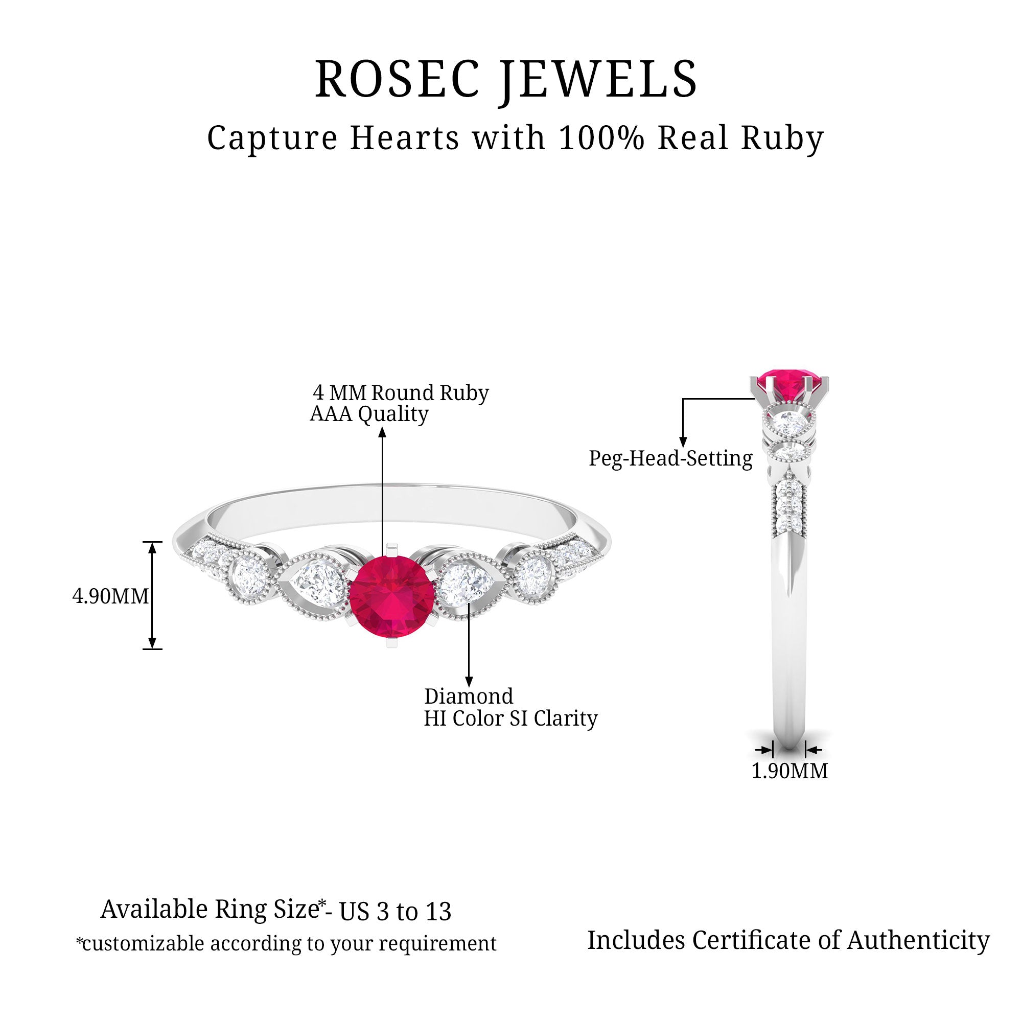 Minimal Ruby Engagement Ring with Diamond Accent Ruby - ( AAA ) - Quality - Rosec Jewels