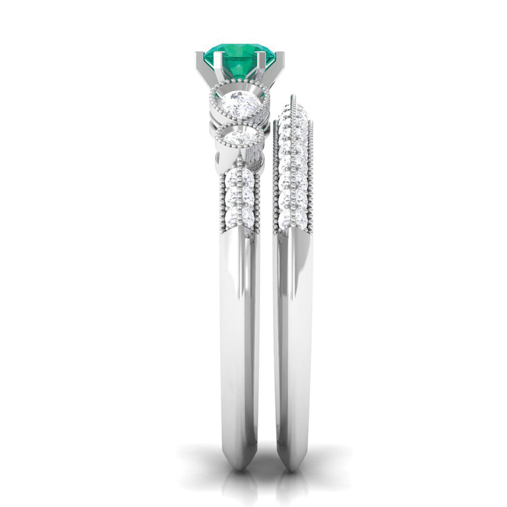 Solitaire Emerald and Diamond Engagement Ring Set Emerald - ( AAA ) - Quality - Rosec Jewels
