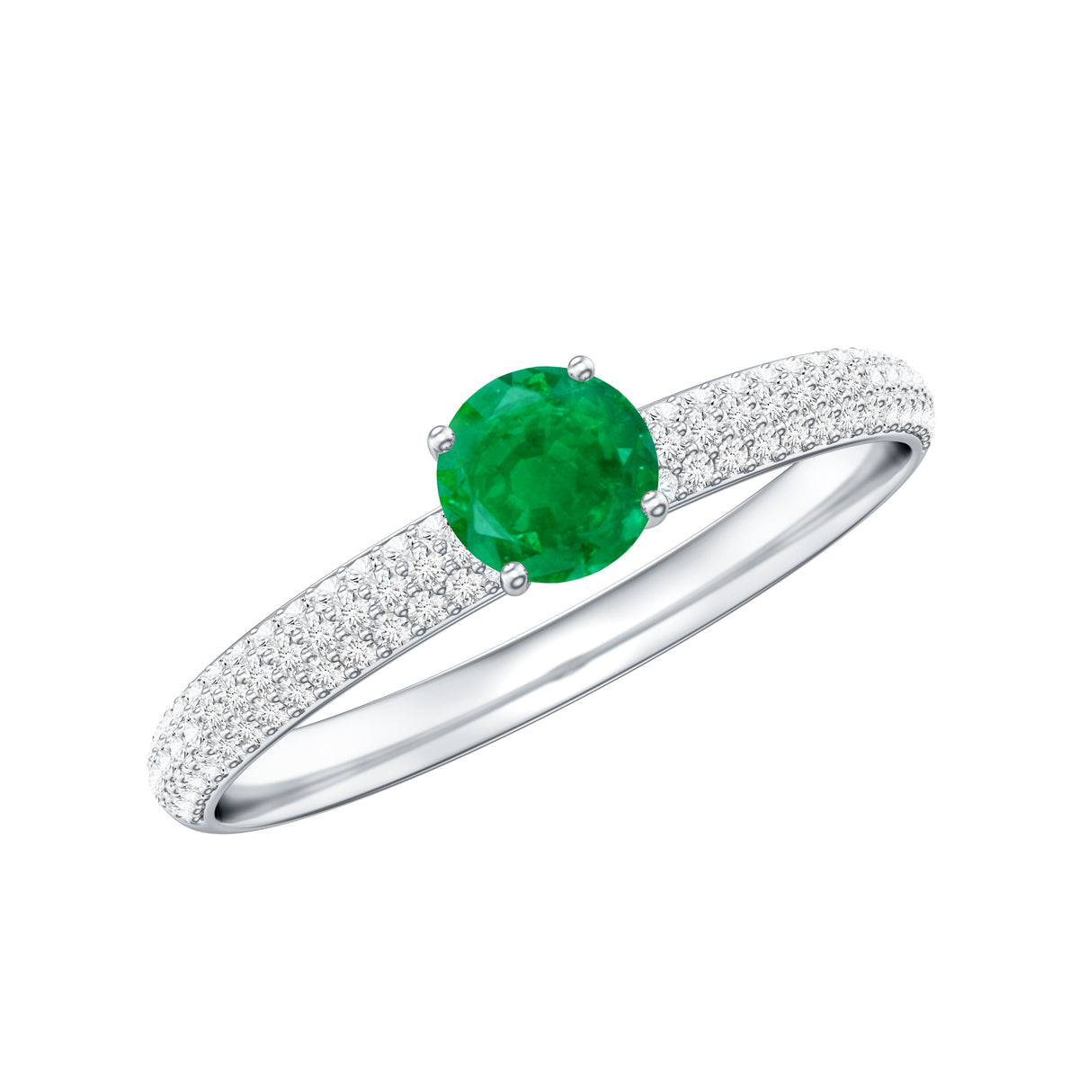 Classic Emerald Solitaire Engagement Ring with Real Diamond Side Stones AAA - Rosec Jewels