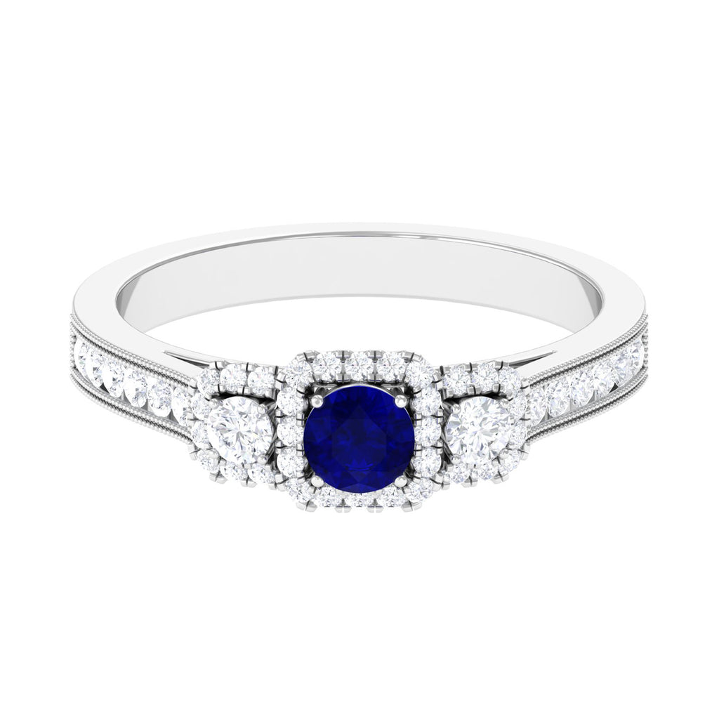1 CT Vintage Inspired Blue Sapphire Engagement Ring with Diamond Blue Sapphire - ( AAA ) - Quality - Rosec Jewels