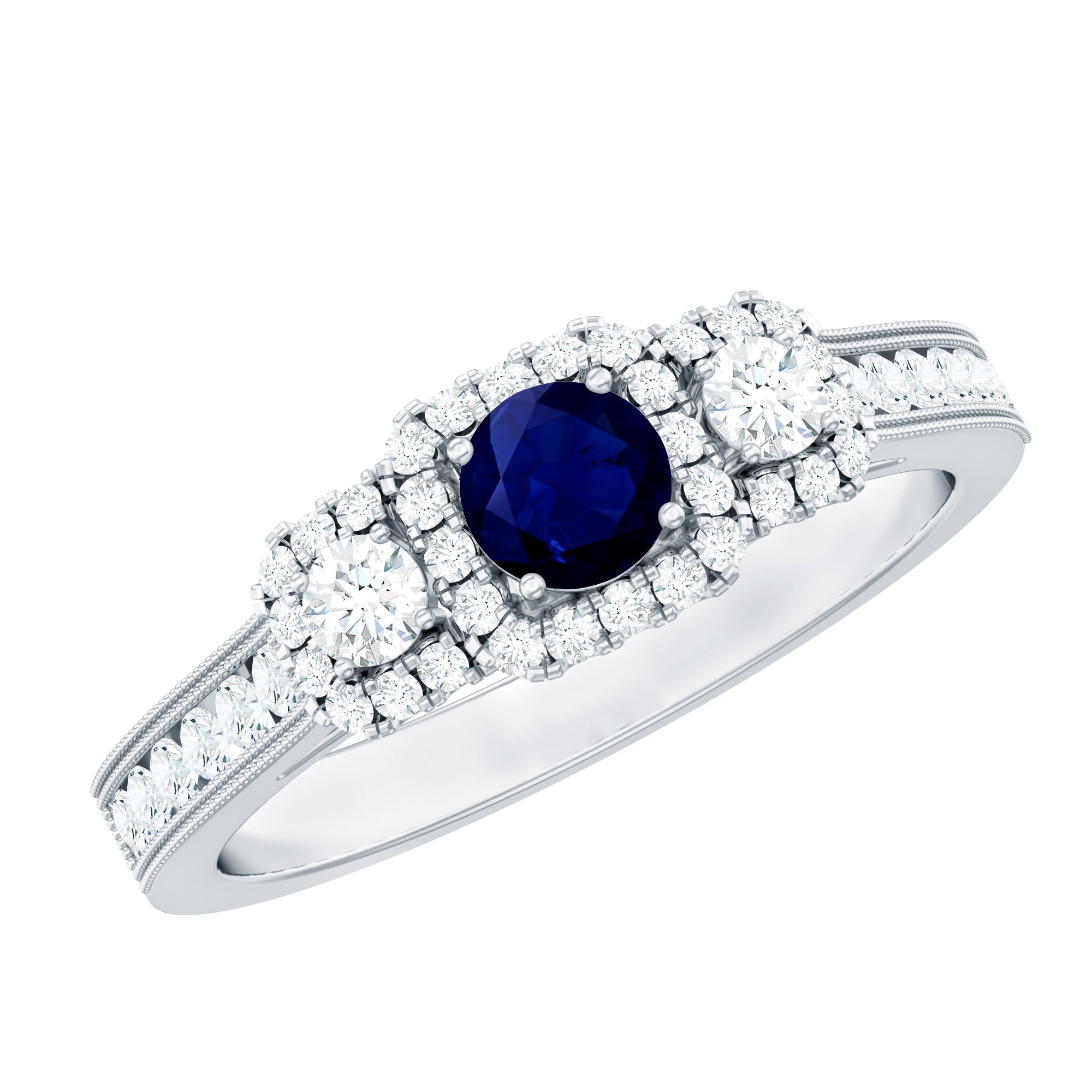 Vintage Inspired Blue Sapphire 3 Stone Engagement Ring with Diamond AAA - Rosec Jewels