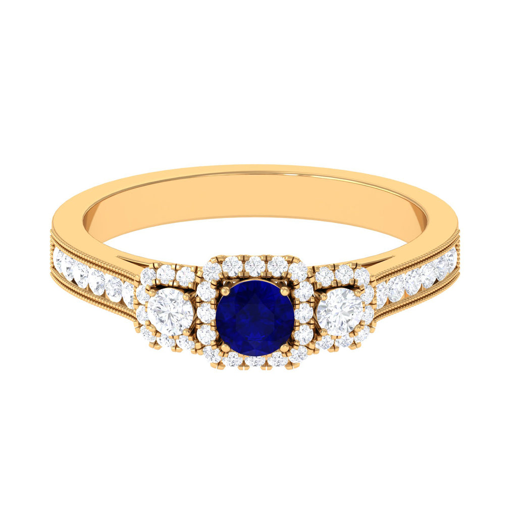 1 CT Vintage Inspired Blue Sapphire Engagement Ring with Diamond Blue Sapphire - ( AAA ) - Quality - Rosec Jewels