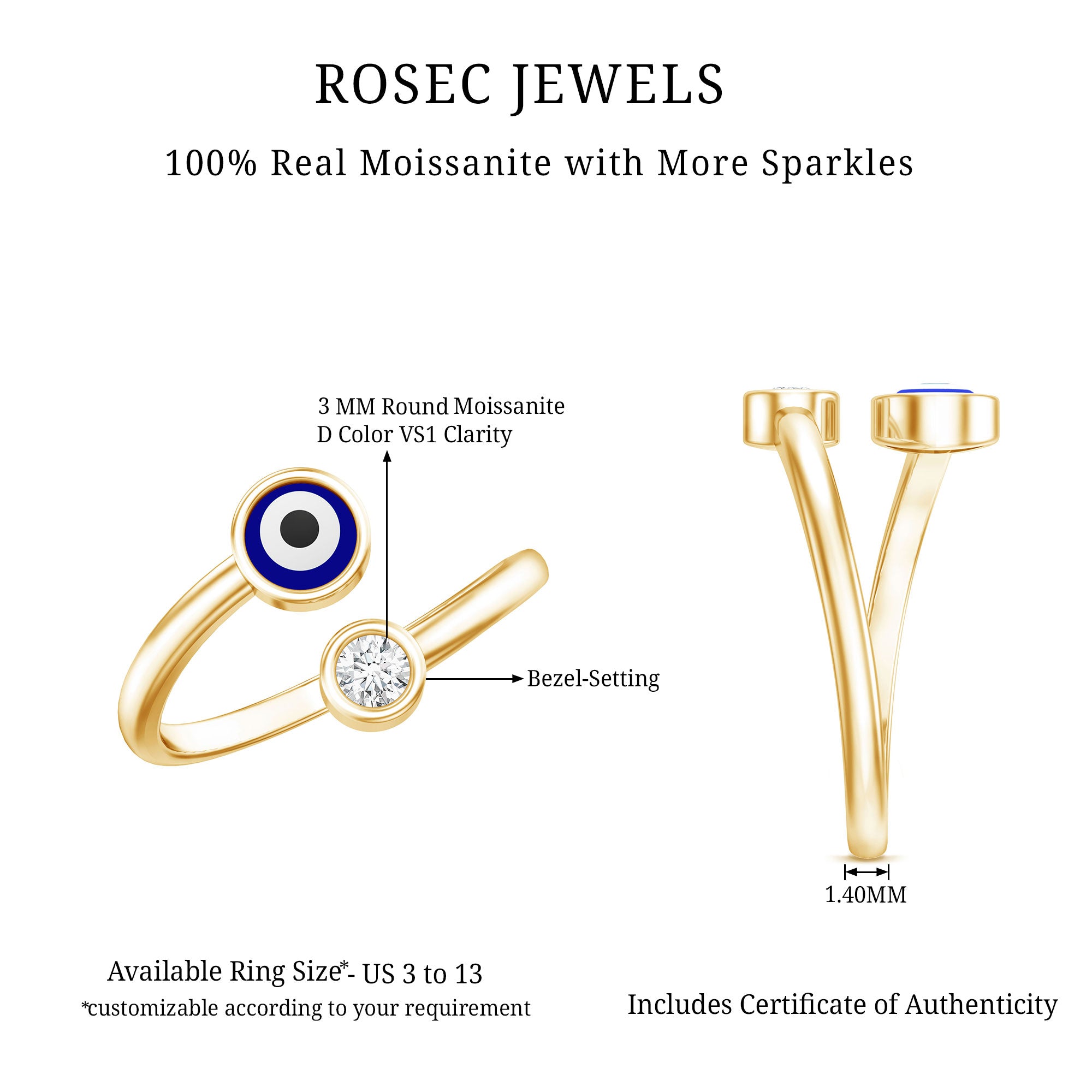 Bezel Set Moissanite and Enameled Evil Eye Ring D-VS1 - Rosec Jewels