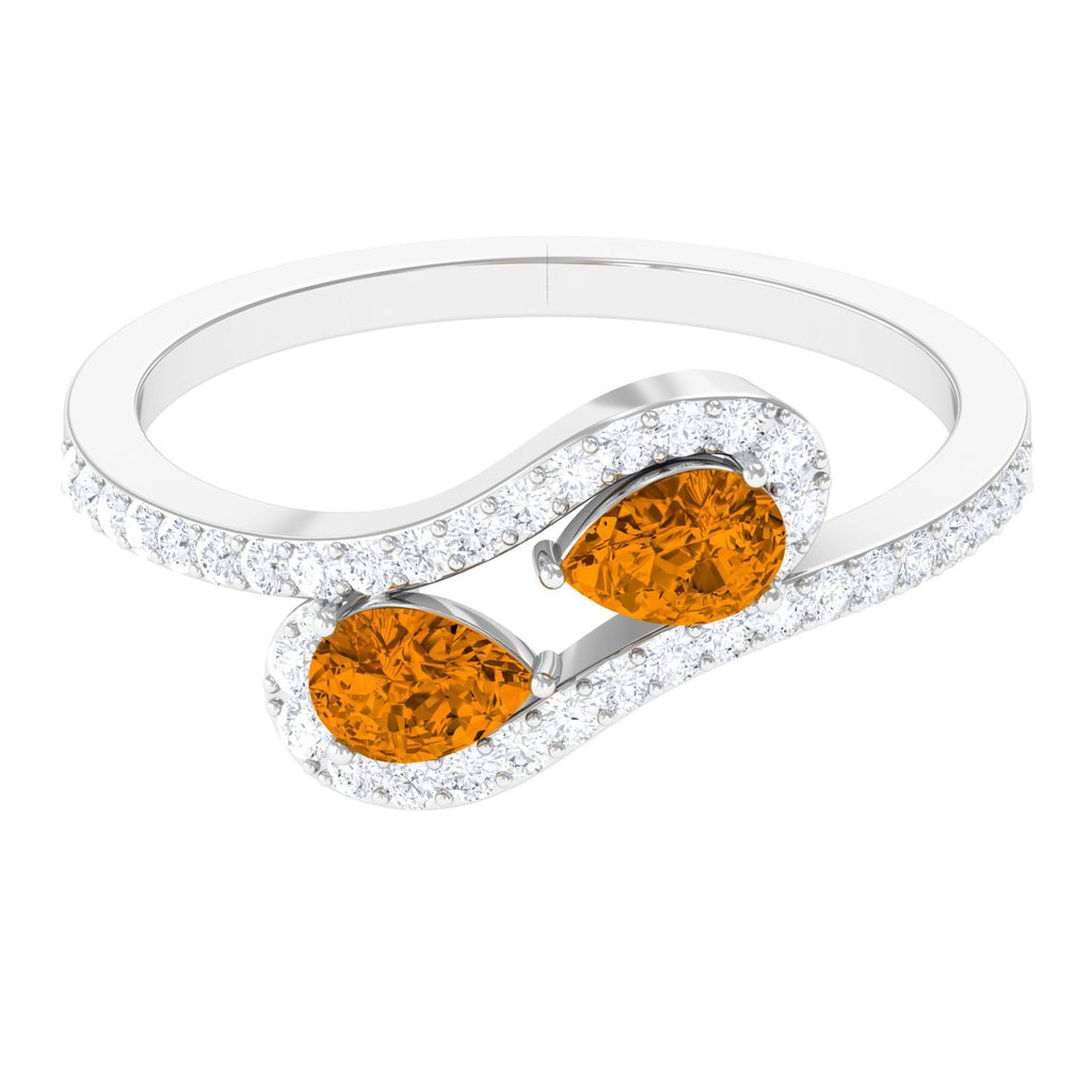 Pear Shape Citrine Two Stone Bypass Ring with Diamond - Rosec Jewels