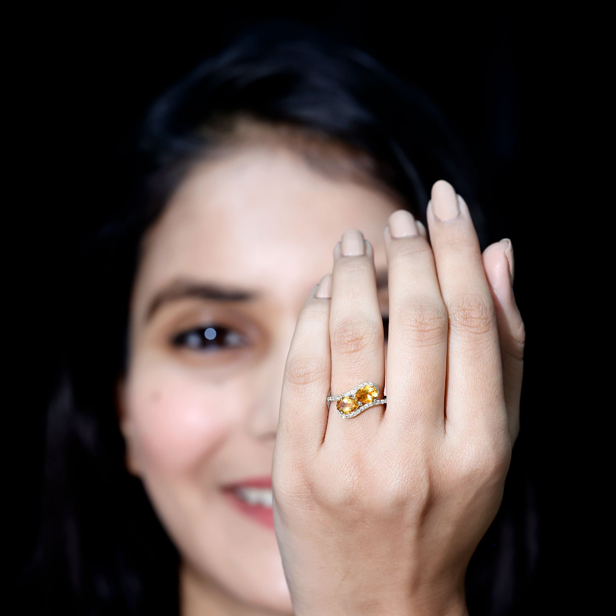 Rosec Jewels-Pear Shape Citrine Two Stone Engagement Ring with Diamond