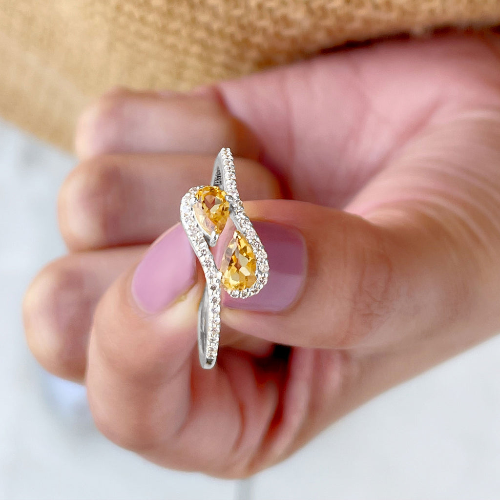 Pear Shape Citrine Two Stone Bypass Ring with Diamond - Rosec Jewels