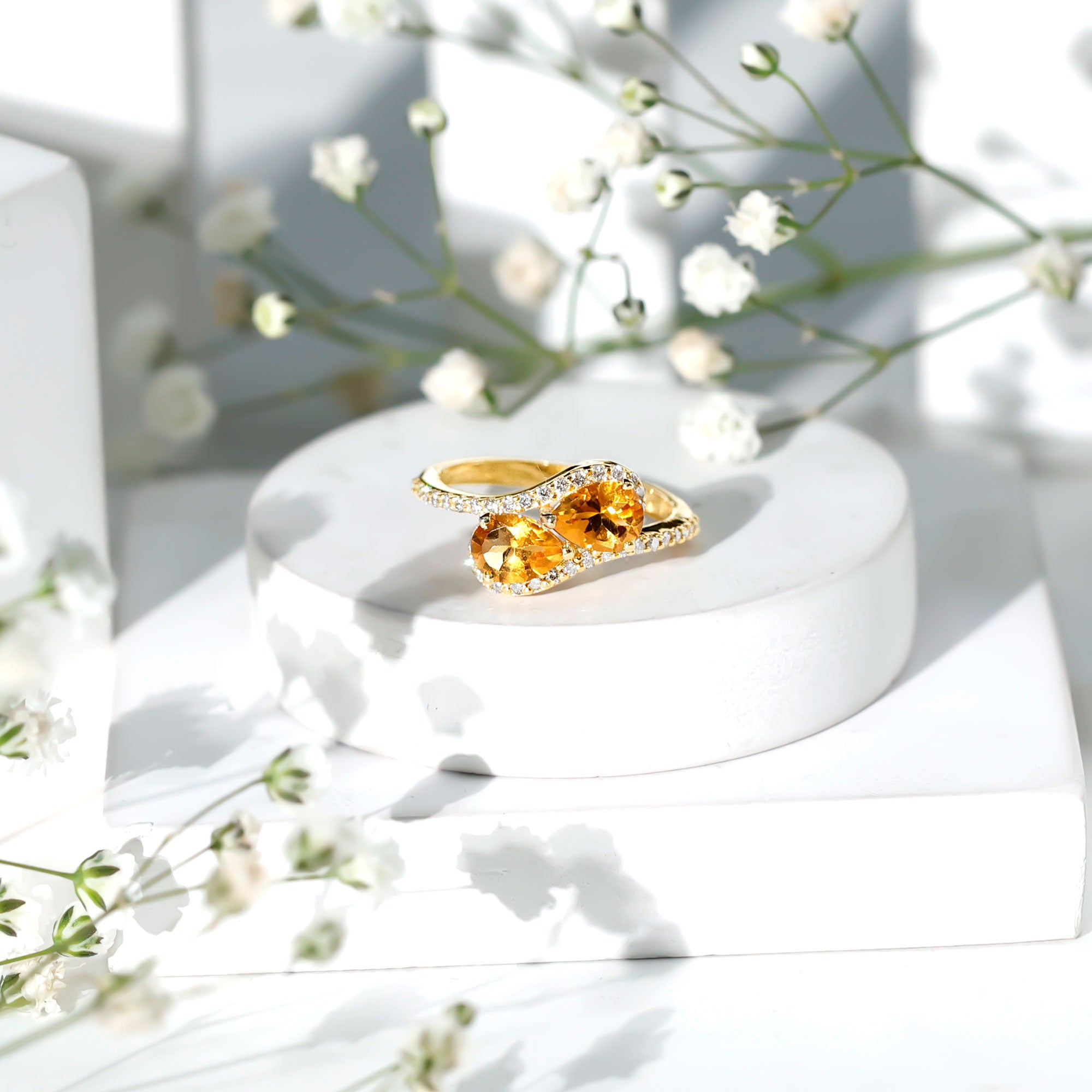 Rosec Jewels-Pear Shape Citrine Two Stone Engagement Ring with Diamond