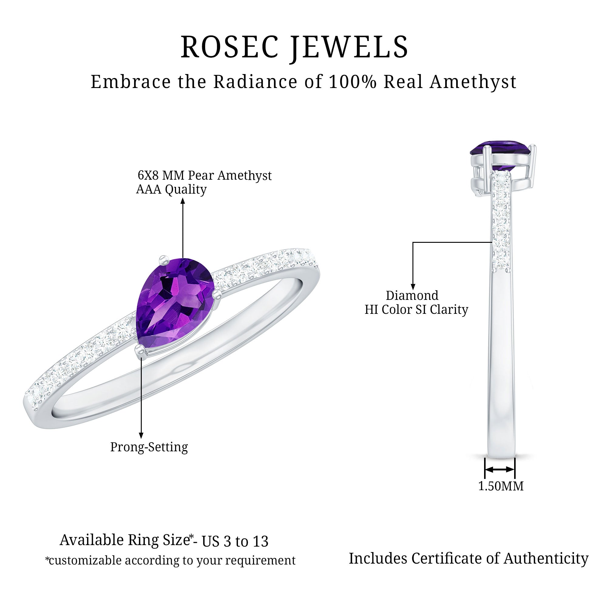 Rosec Jewels-Natural 1 Carat Pear Shaped Amethyst Engagement Ring with Diamond