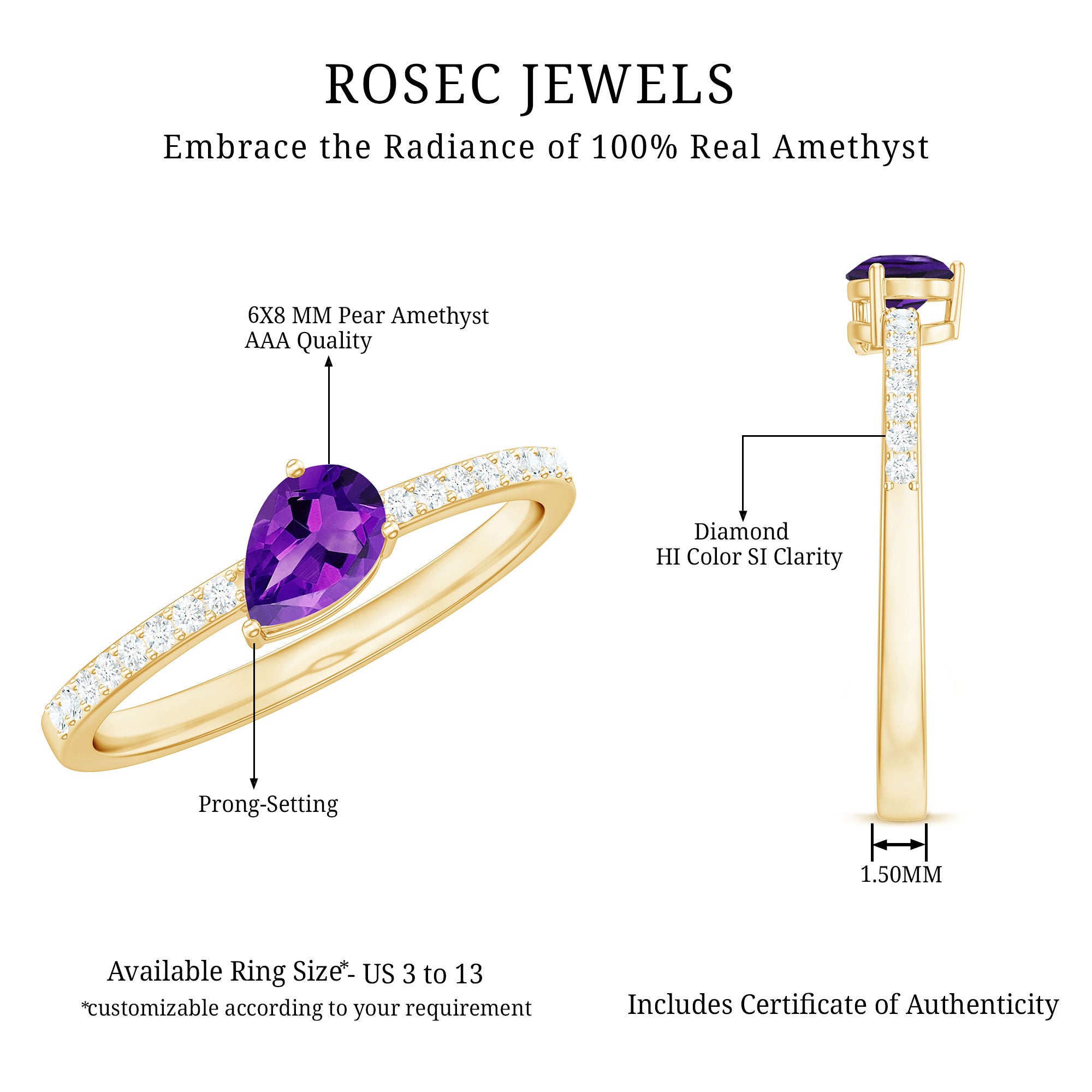Rosec Jewels-Natural 1 Carat Pear Shaped Amethyst Engagement Ring with Diamond