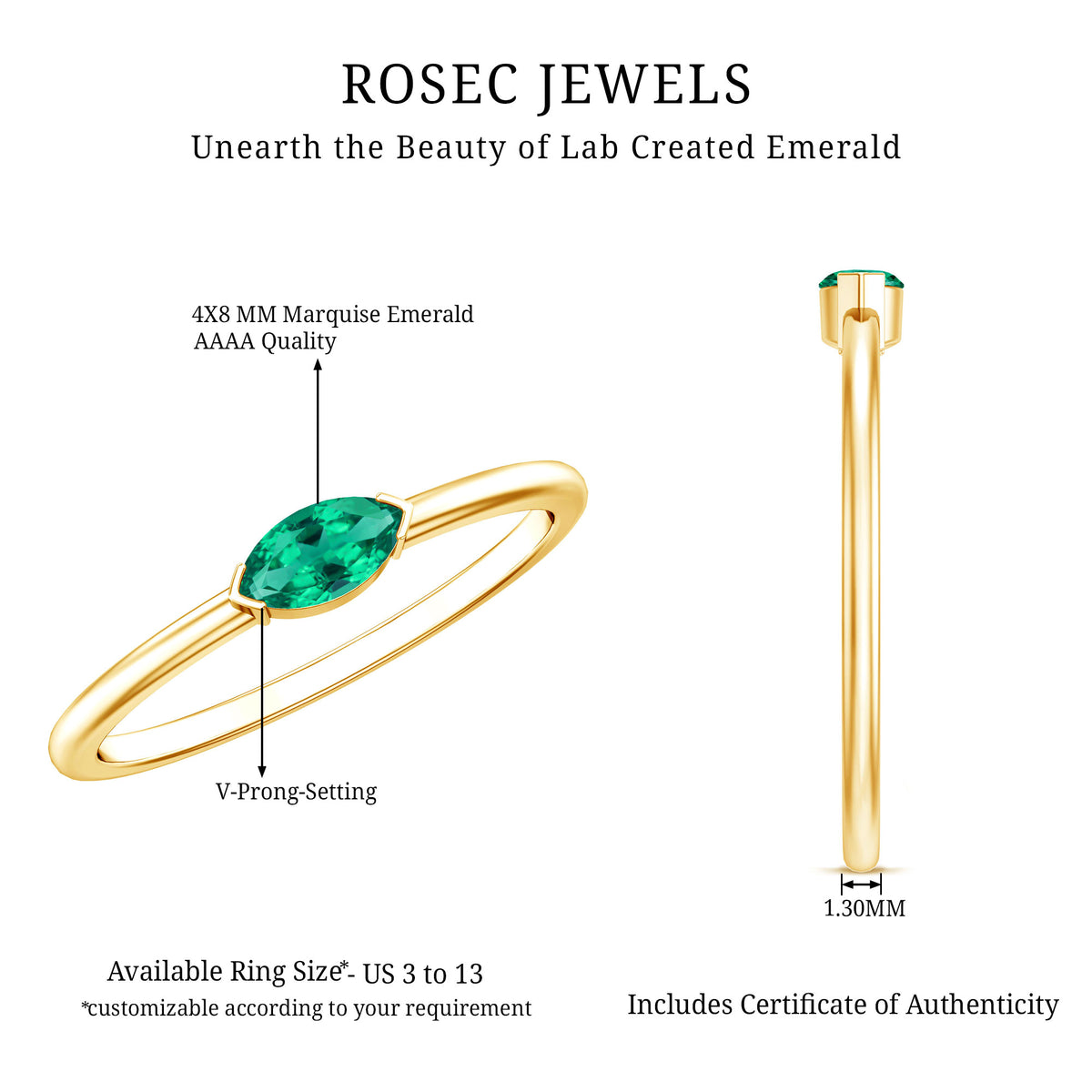 4X8 MM Marquise Lab Grown Emerald East West Promise Ring AAAA - Rosec Jewels