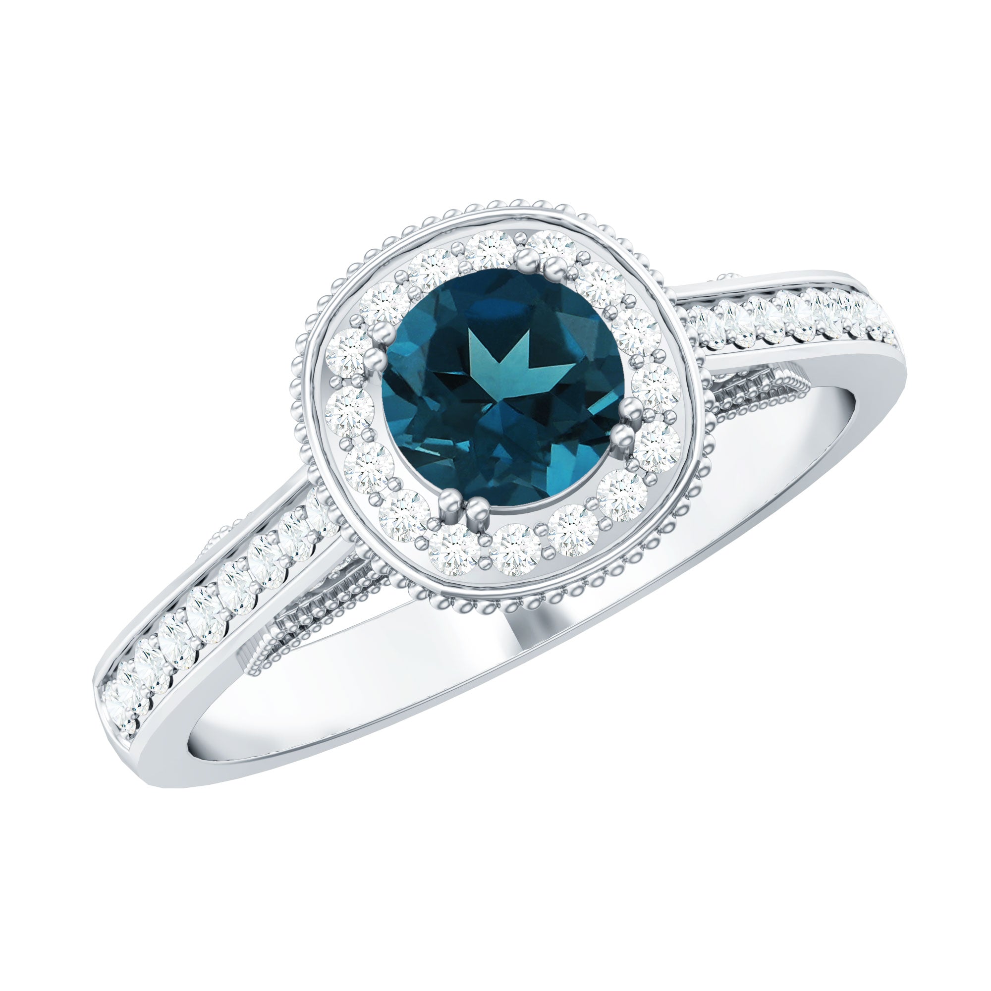 Rosec Jewels-Vintage Looking London Blue Topaz Engagement Ring with Diamond Halo