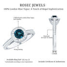 Rosec Jewels-Vintage Looking London Blue Topaz Engagement Ring with Diamond Halo