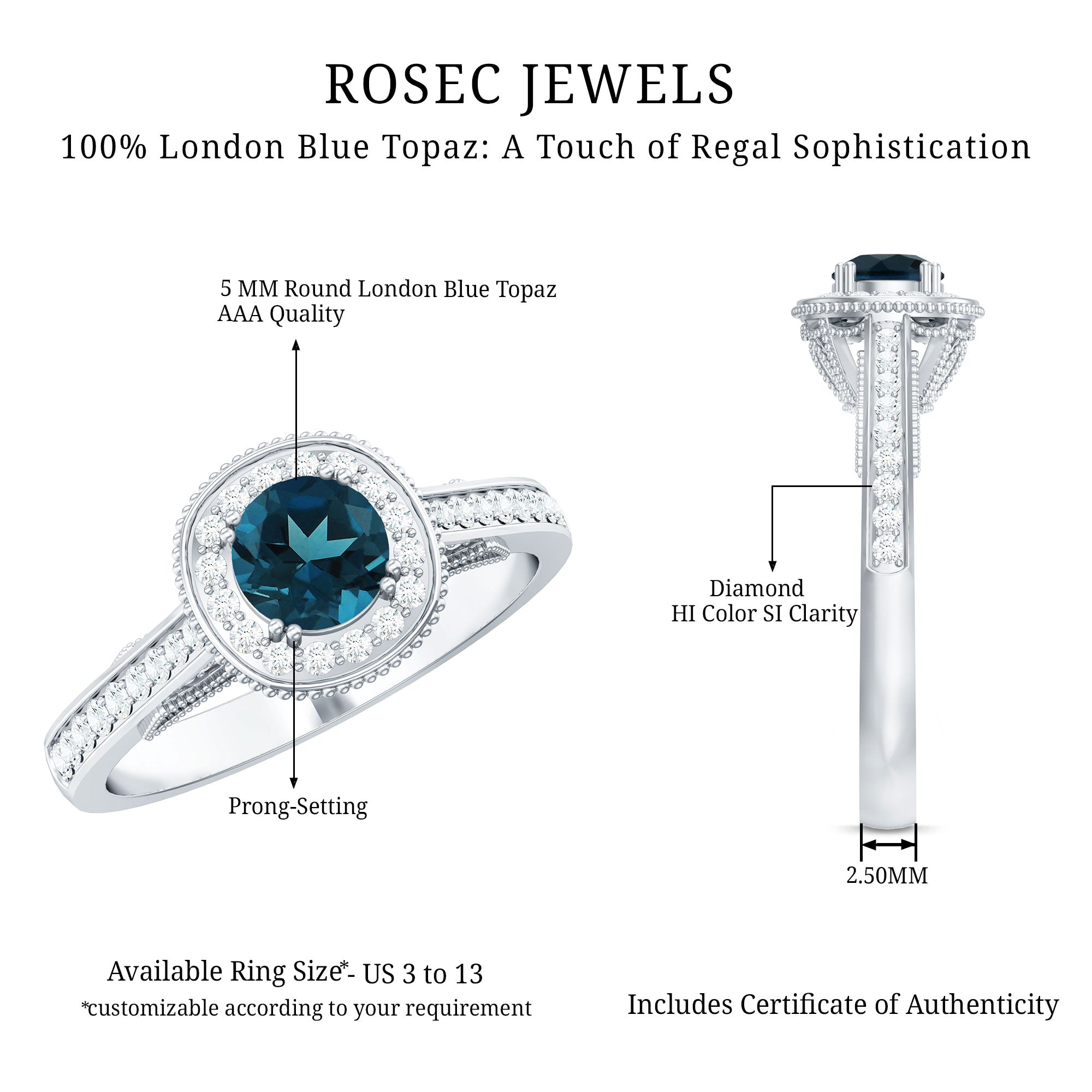 Rosec Jewels-Vintage Looking London Blue Topaz Engagement Ring with Diamond Halo