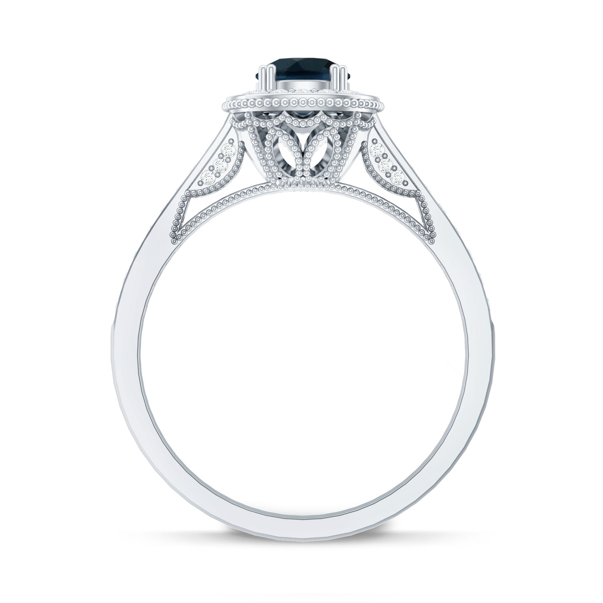 Rosec Jewels-Vintage Looking London Blue Topaz Engagement Ring with Diamond Halo