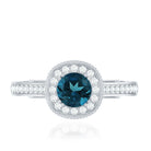 Rosec Jewels-Vintage Looking London Blue Topaz Engagement Ring with Diamond Halo