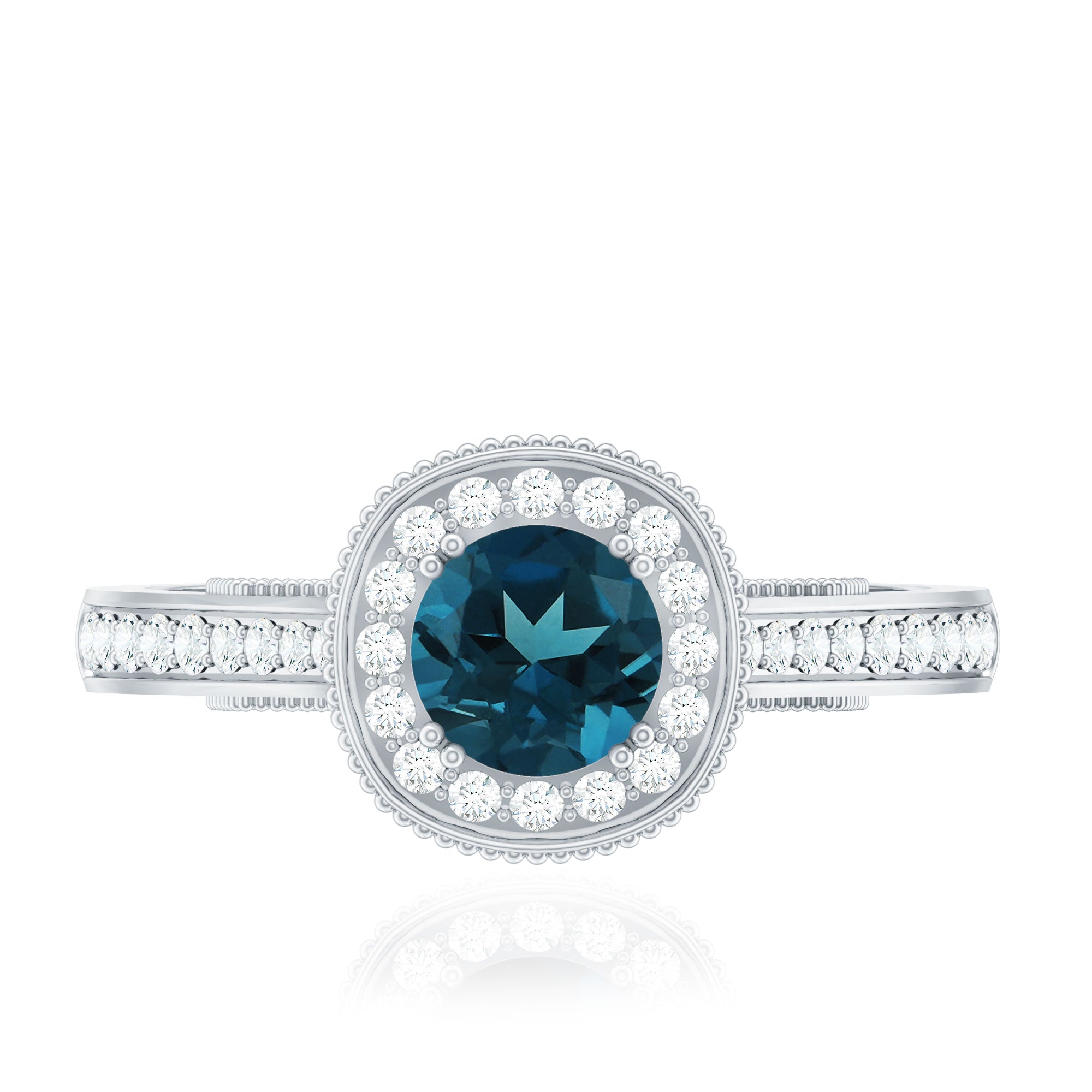 Rosec Jewels-Vintage Looking London Blue Topaz Engagement Ring with Diamond Halo