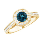 Rosec Jewels-Vintage Looking London Blue Topaz Engagement Ring with Diamond Halo