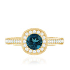 Rosec Jewels-Vintage Looking London Blue Topaz Engagement Ring with Diamond Halo