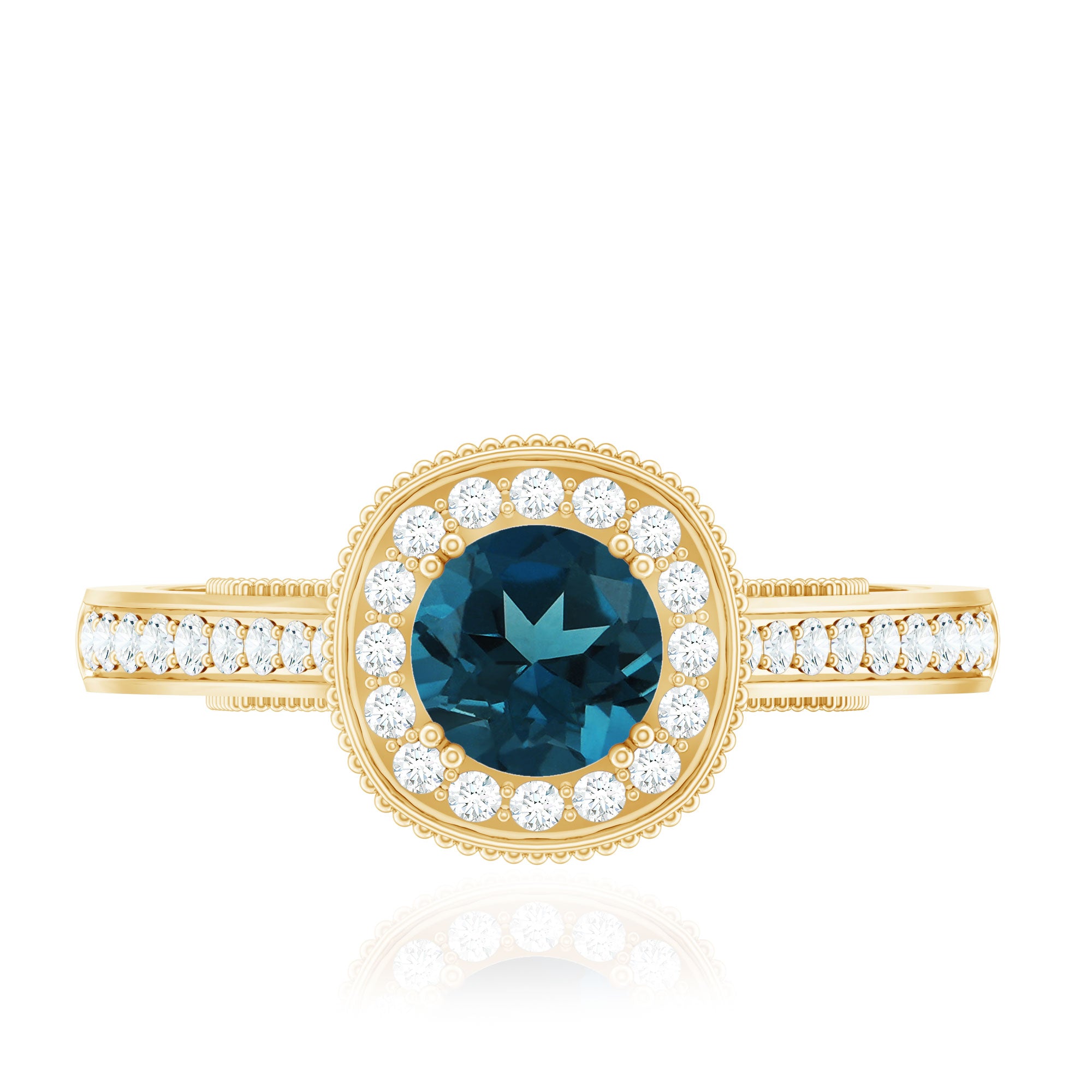 Rosec Jewels-Vintage Looking London Blue Topaz Engagement Ring with Diamond Halo