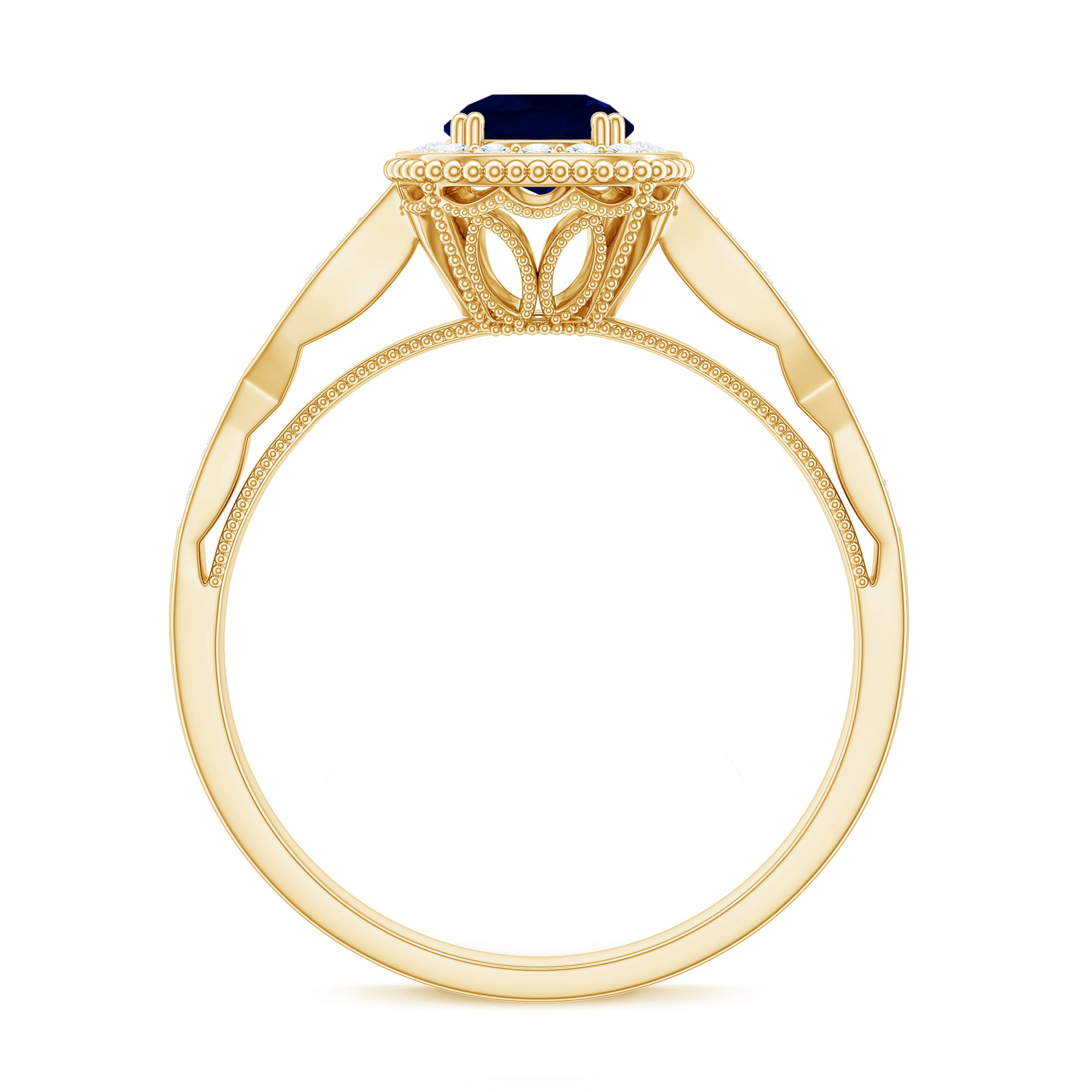 Rosec Jewels-Round 0.9 Carat Blue Sapphire Antique Engagement Ring with Diamond Halo