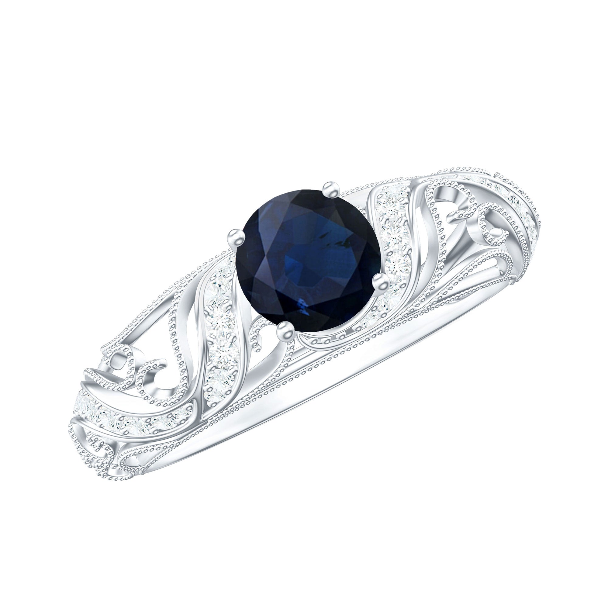 Certified 0.9 Carat Real Blue Sapphire and Diamond Vintage Looking Engagement Ring AAA - Rosec Jewels