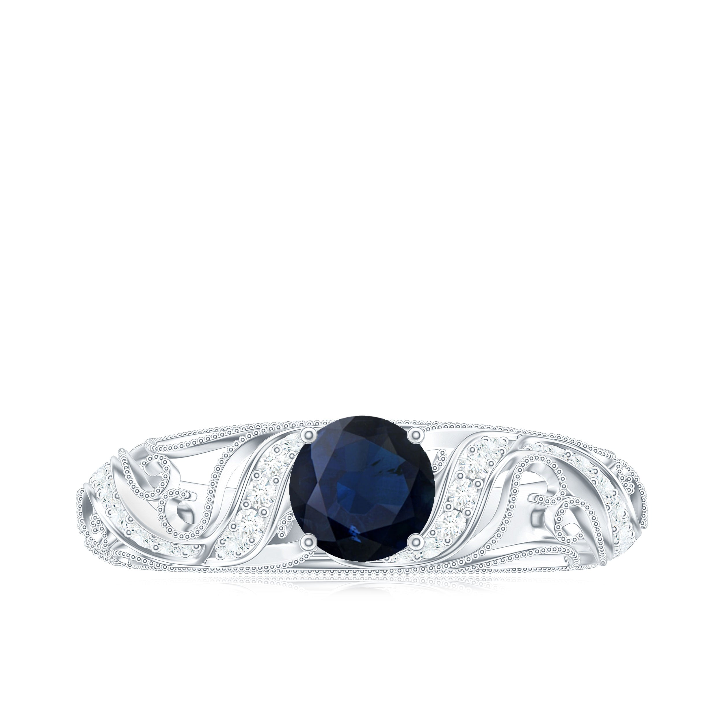 Certified 0.9 Carat Real Blue Sapphire and Diamond Vintage Looking Engagement Ring AAA - Rosec Jewels