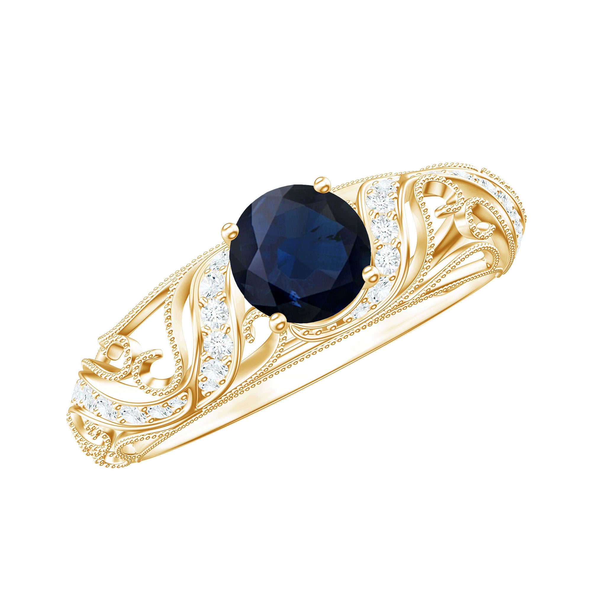 Certified 0.9 Carat Real Blue Sapphire and Diamond Vintage Looking Engagement Ring AAA - Rosec Jewels