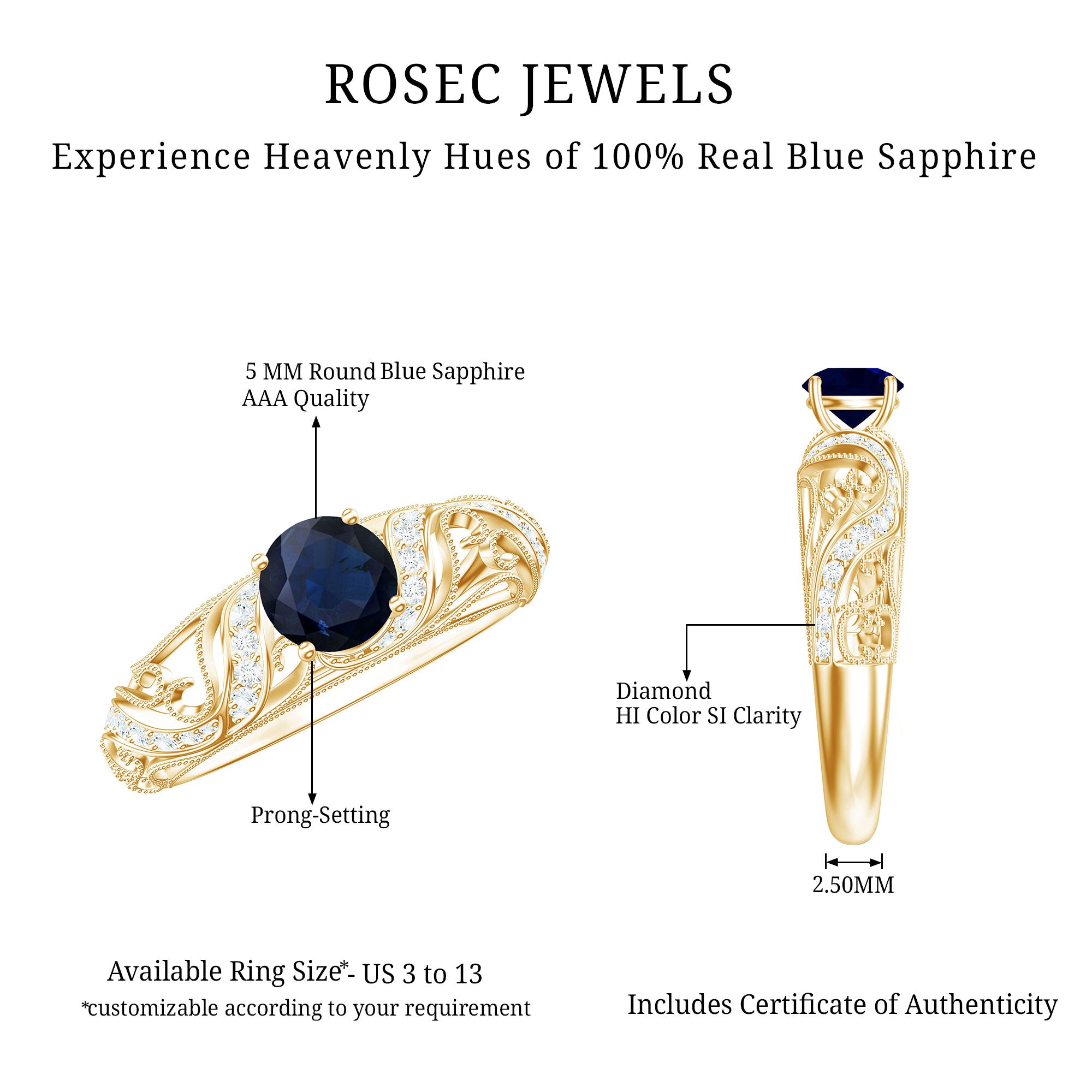 Certified 0.9 Carat Real Blue Sapphire and Diamond Vintage Looking Engagement Ring AAA - Rosec Jewels