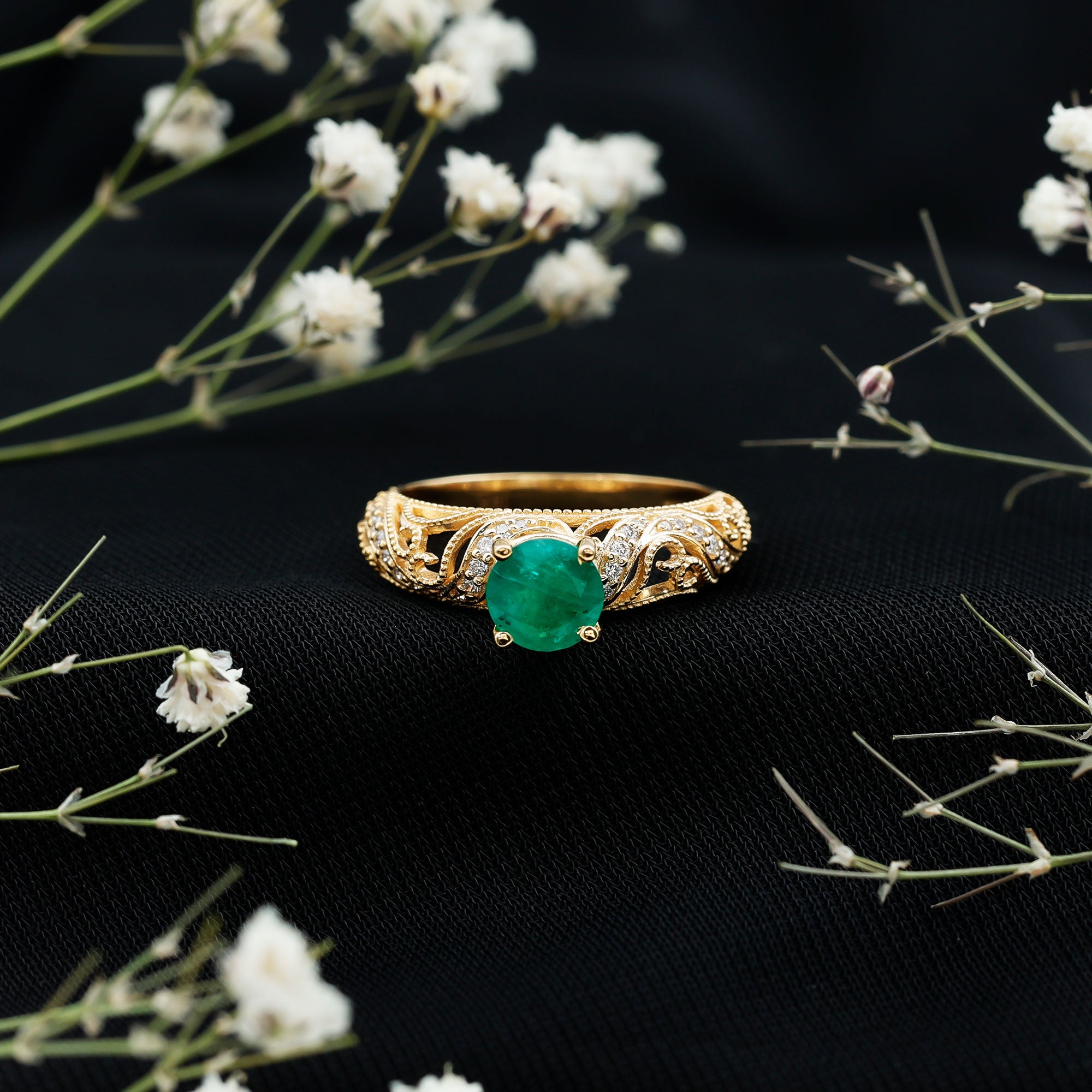 Rosec Jewels-Vintage Looking Emerald and Diamond Engagement Ring for Women