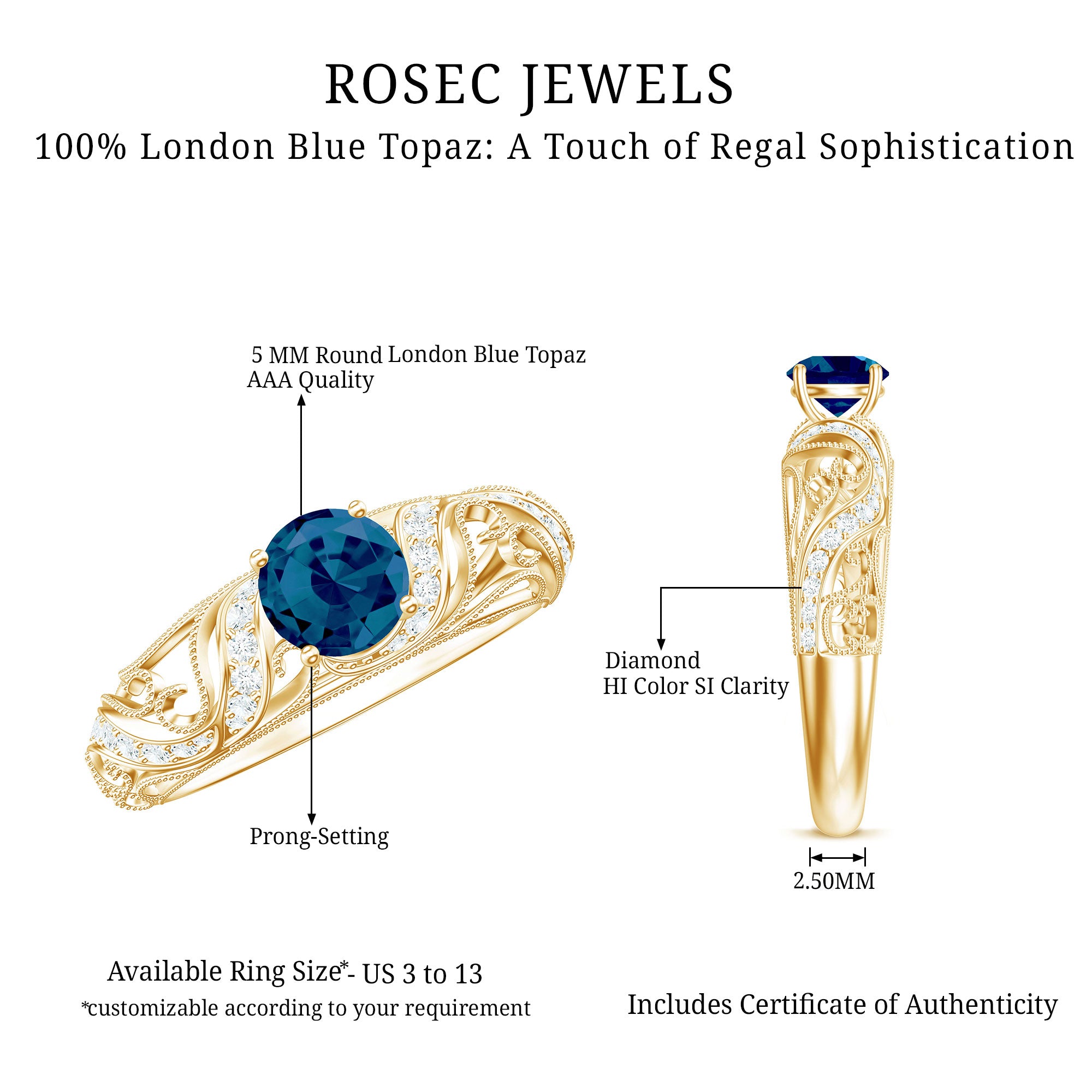 Rosec Jewels-Vintage London Blue Topaz and Diamond Engagement Ring
