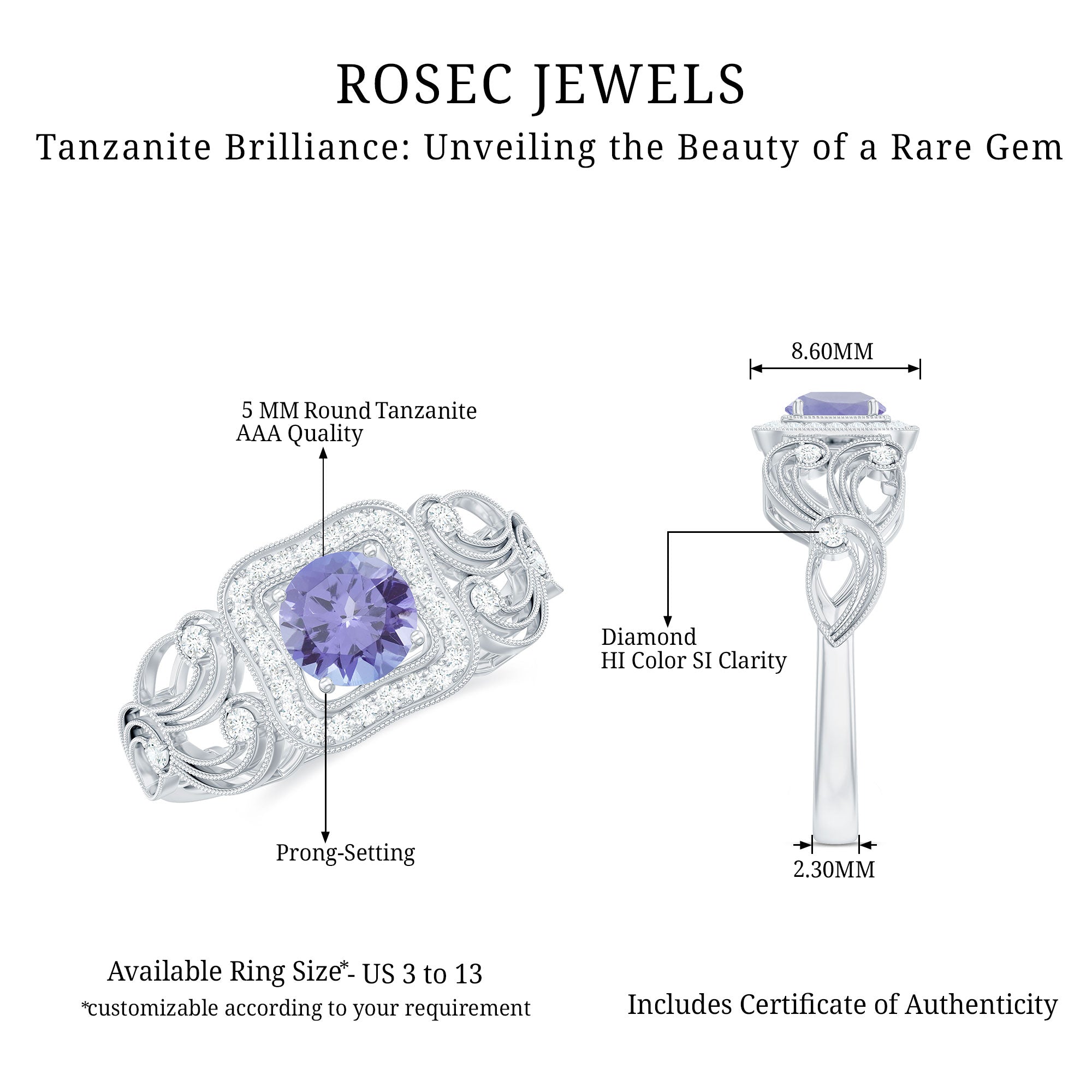 Rosec Jewels-Tanzanite Vintage Looking Engagement Ring with Diamond Halo