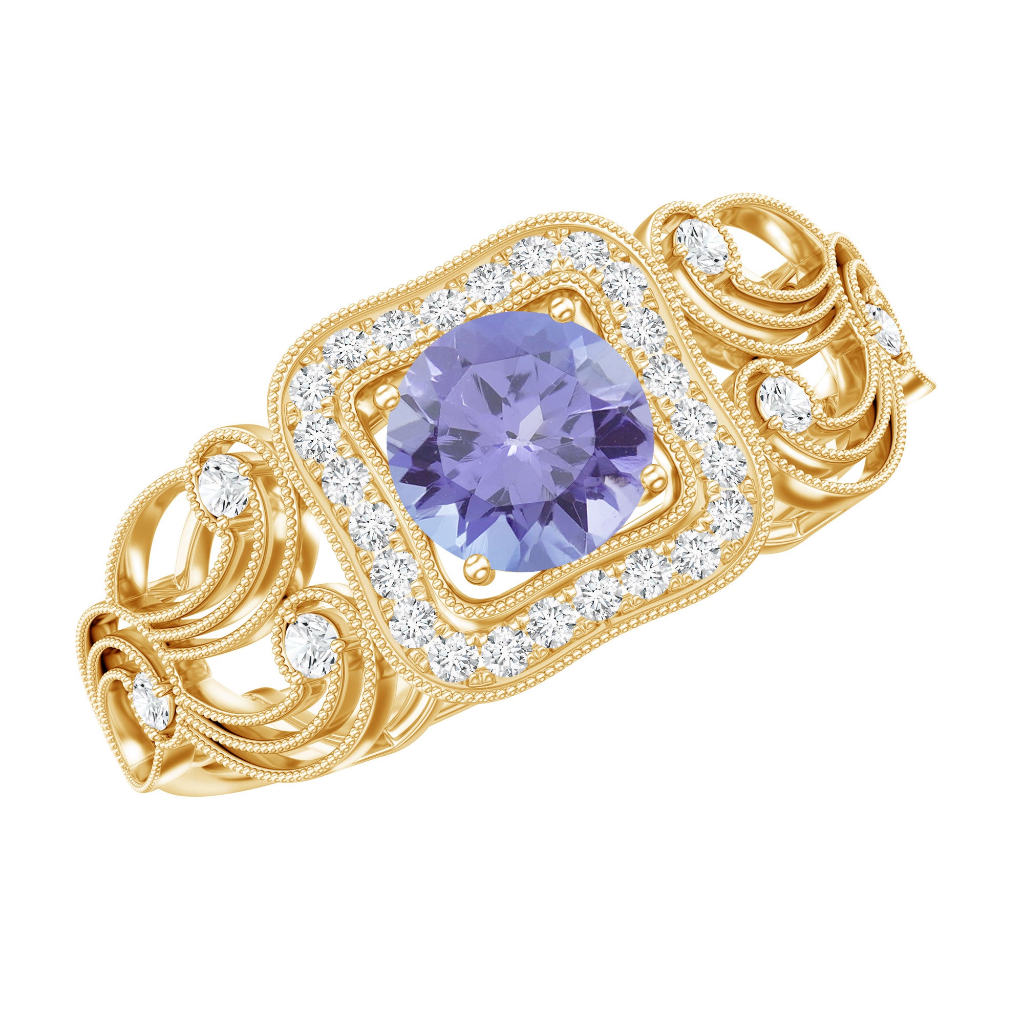 Tanzanite Vintage Looking Engagement Ring with Diamond Halo AAA - Rosec Jewels