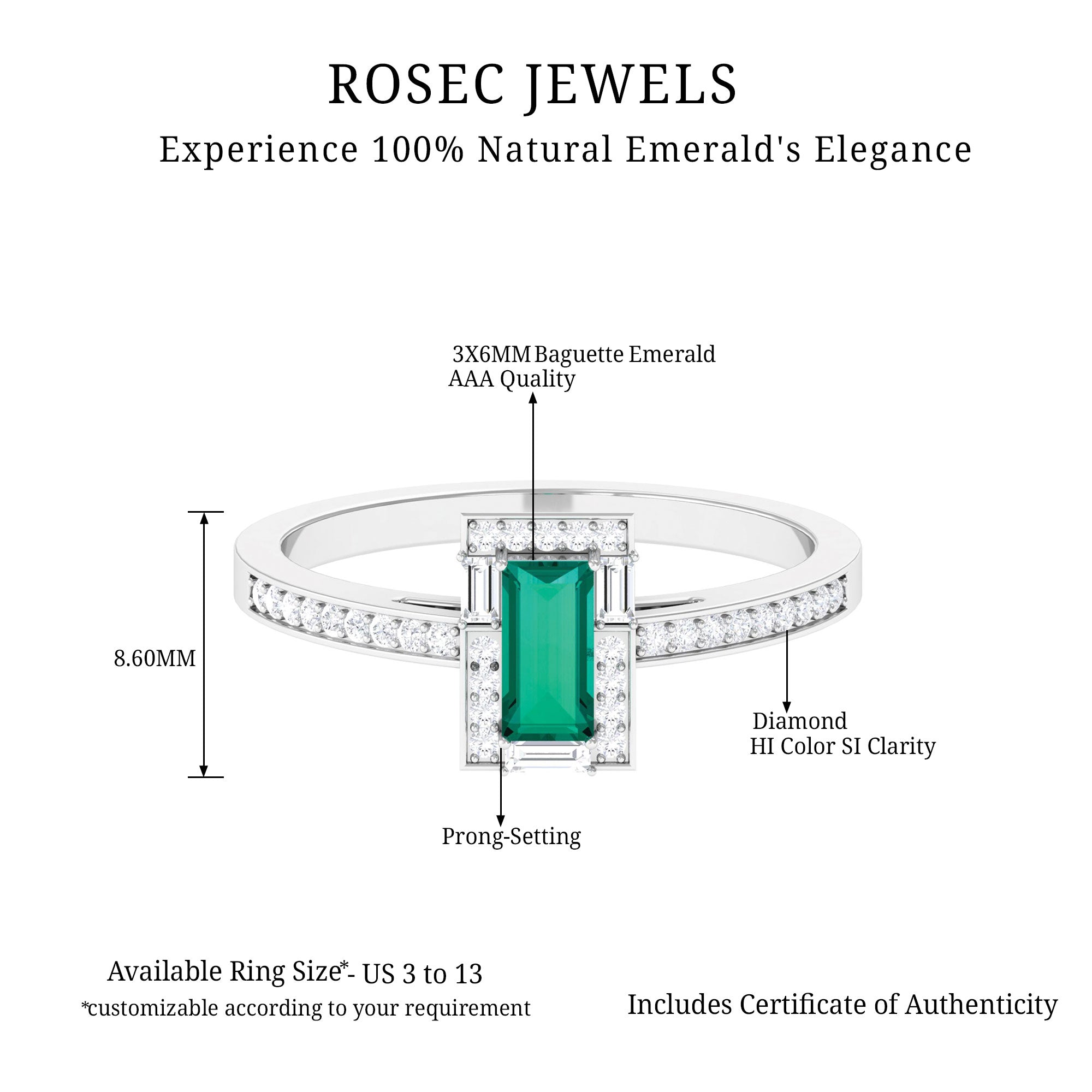 1/2 CT Dainty Emerald and Diamond Ring Emerald - ( AAA ) - Quality - Rosec Jewels