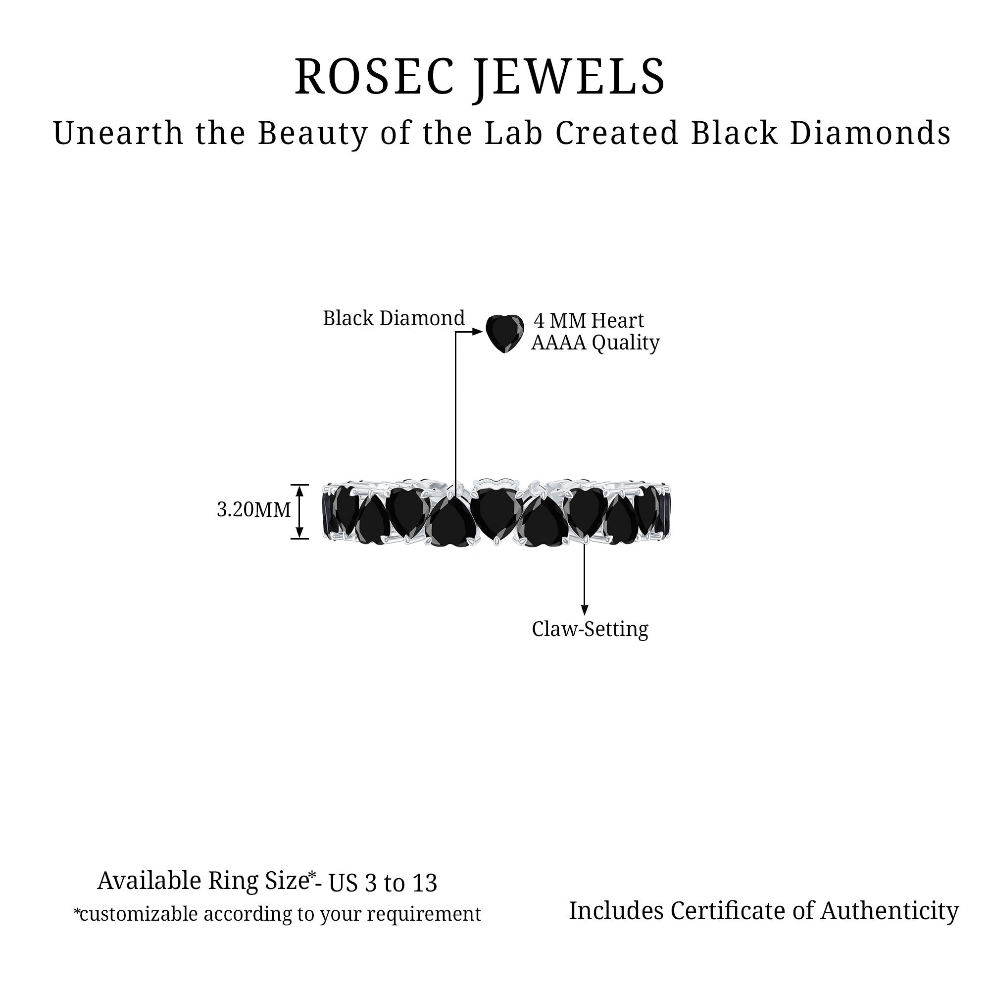 Created Black Diamond Heart Eternity Band Lab Created Black Diamond - ( AAAA ) - Quality 92.5 Sterling Silver 7.0 - Rosec Jewels